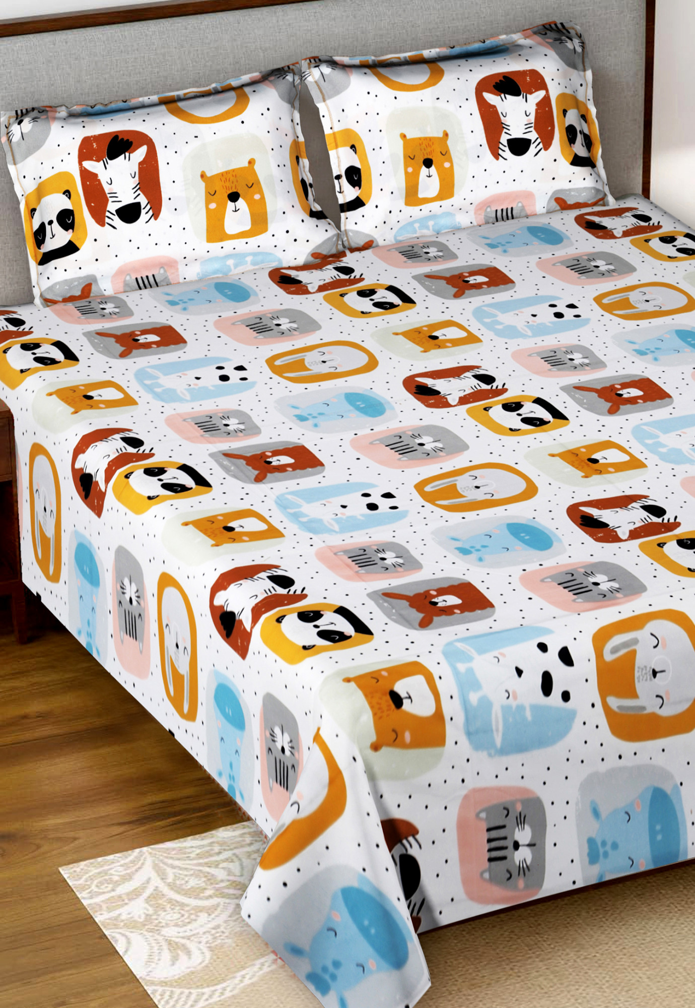 Kuber Industries Animal Character Printed Luxurious Soft Breathable & Comfortable Glace Cotton Double Bedsheet With 2 Pillow Covers (Sky Blue & Deep Yellow)-HS43KUBMART26797