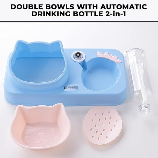 Kuber Industries Animal Feeding Plastic 2 in 1 Pet Bowls | Cat & Dog Bowl | Small/Medium Size Pet Feeding Bowl | Non-Toxic & 100% Safe for Pets (Pack of 1) | Blue