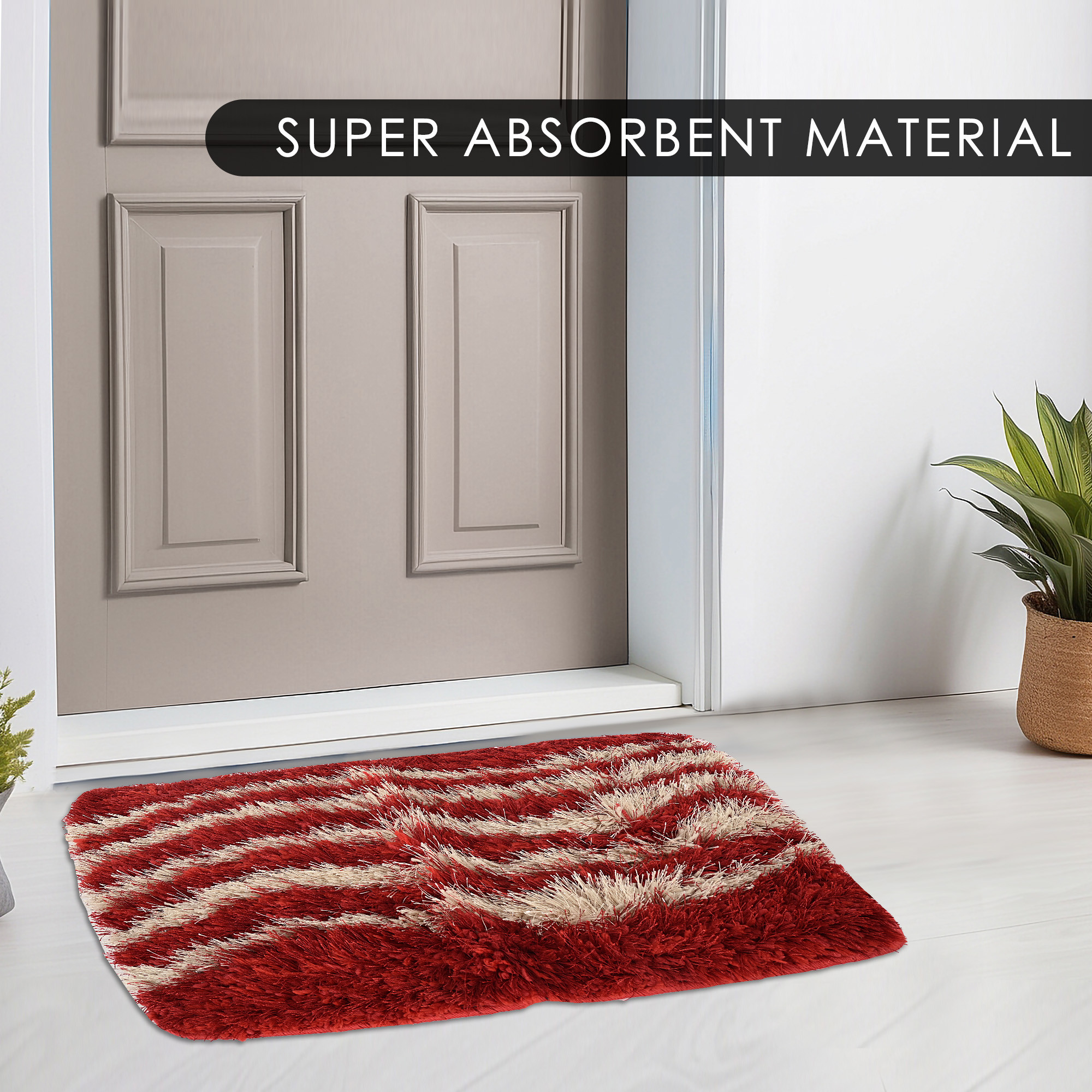 Kuber Industries Anti-Skid Door Mats For Home  Furry  Soft Washable Water Soaking FloorBathroom Mat  Wavy Design - Red