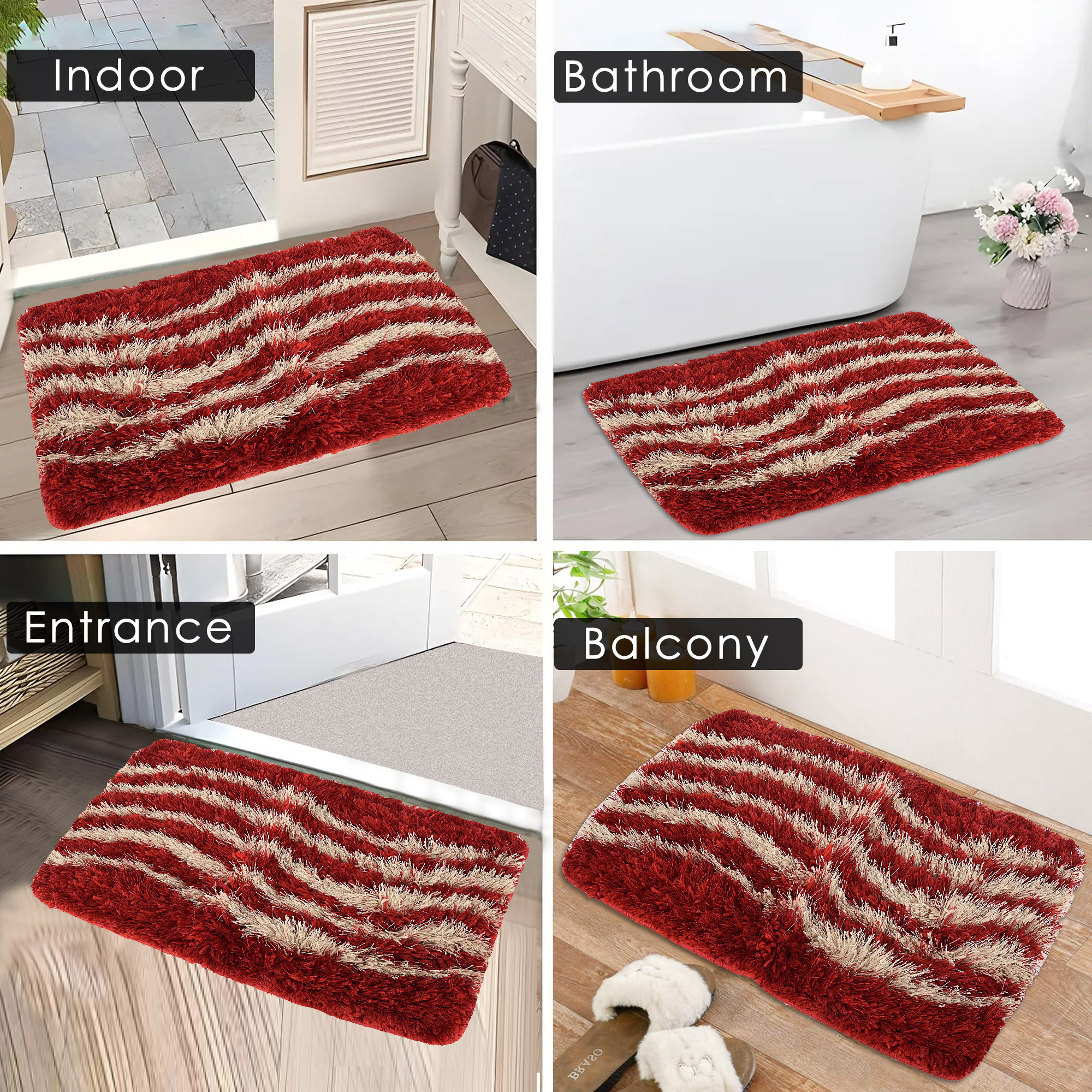 Kuber Industries Anti-Skid Door Mats For Home  Furry  Soft Washable Water Soaking FloorBathroom Mat  Wavy Design - Red