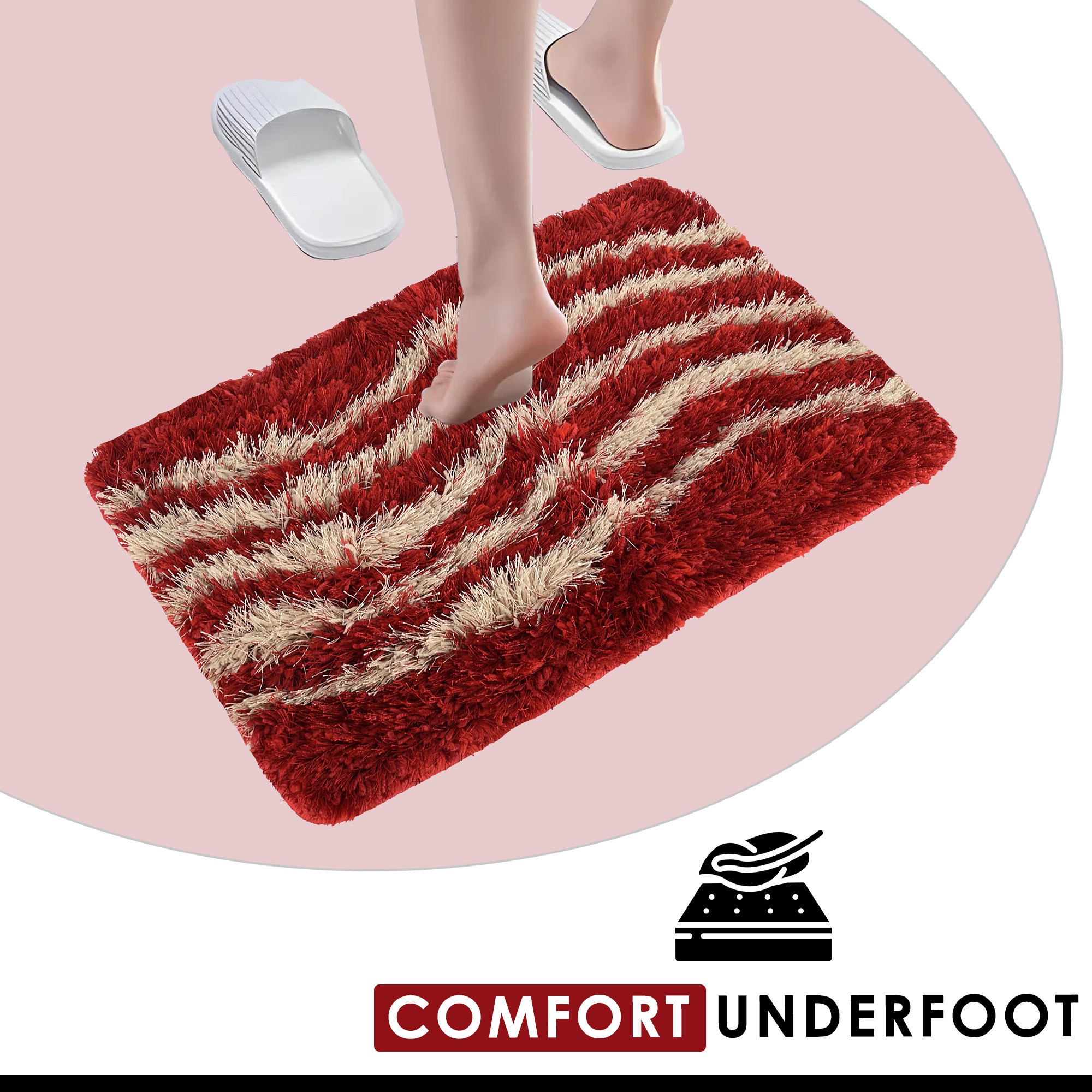 Kuber Industries Anti-Skid Door Mats For Home  Furry  Soft Washable Water Soaking FloorBathroom Mat  Wavy Design - Red