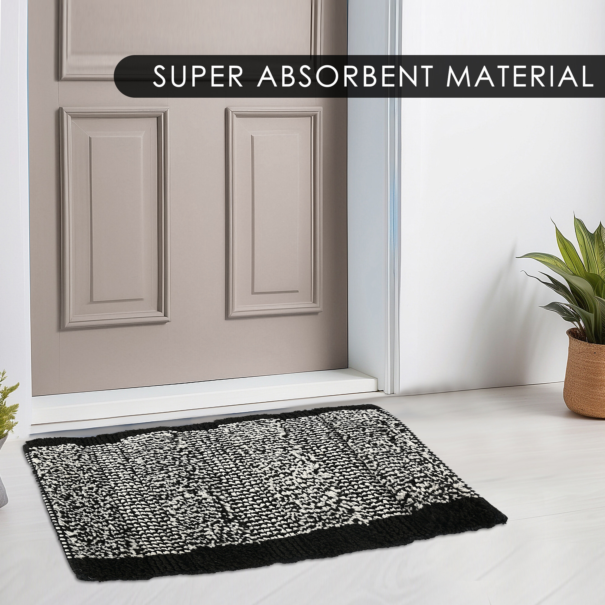 Kuber Industries Anti-Skid Door Mats For Home  Soft Washable Microfibre  Water Soaking FloorBathroom Mat - Black  White