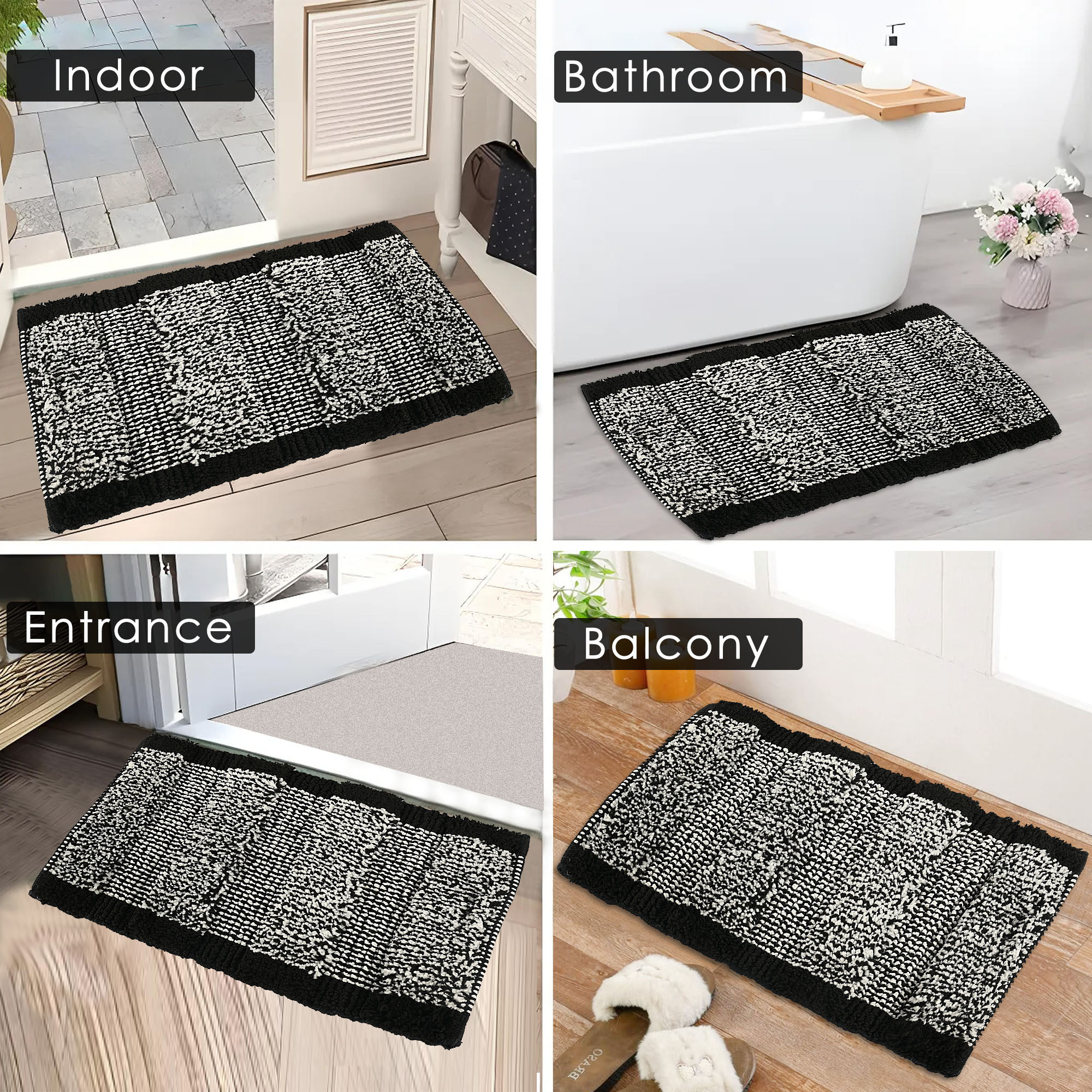 Kuber Industries Anti-Skid Door Mats For Home  Soft Washable Microfibre  Water Soaking FloorBathroom Mat - Black  White