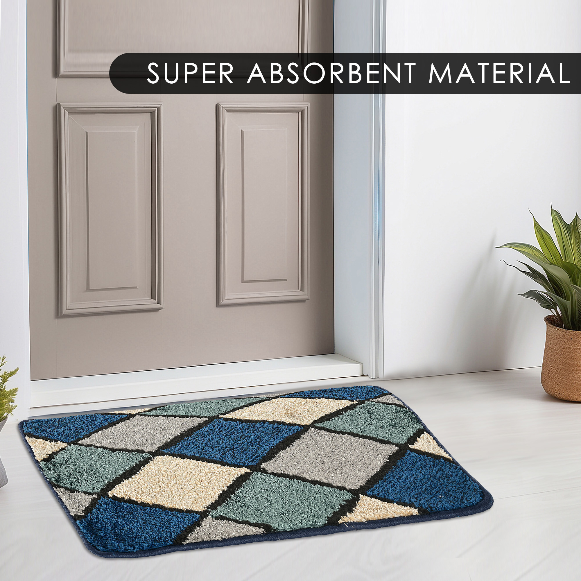 Kuber Industries Anti-Skid Door Mats For Home  Soft Washable Microfibre  Water Soaking FloorBathroom Mat  Checkered Design - Blue