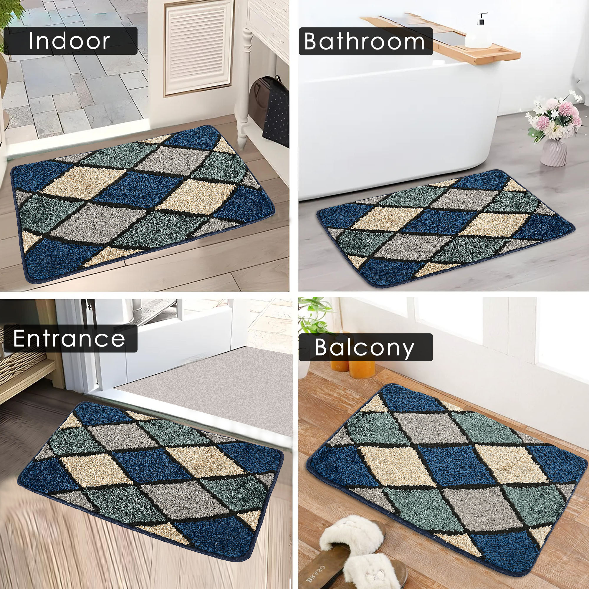 Kuber Industries Anti-Skid Door Mats For Home  Soft Washable Microfibre  Water Soaking FloorBathroom Mat  Checkered Design - Blue