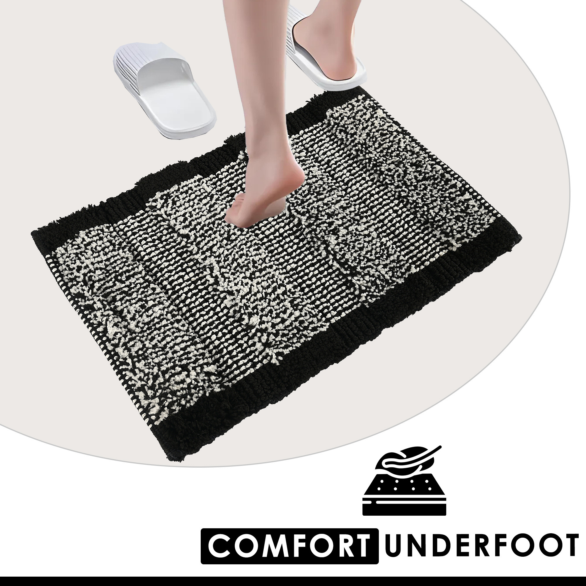 Kuber Industries Anti-Skid Door Mats For Home  Soft Washable Microfibre  Water Soaking FloorBathroom Mat - Black  White
