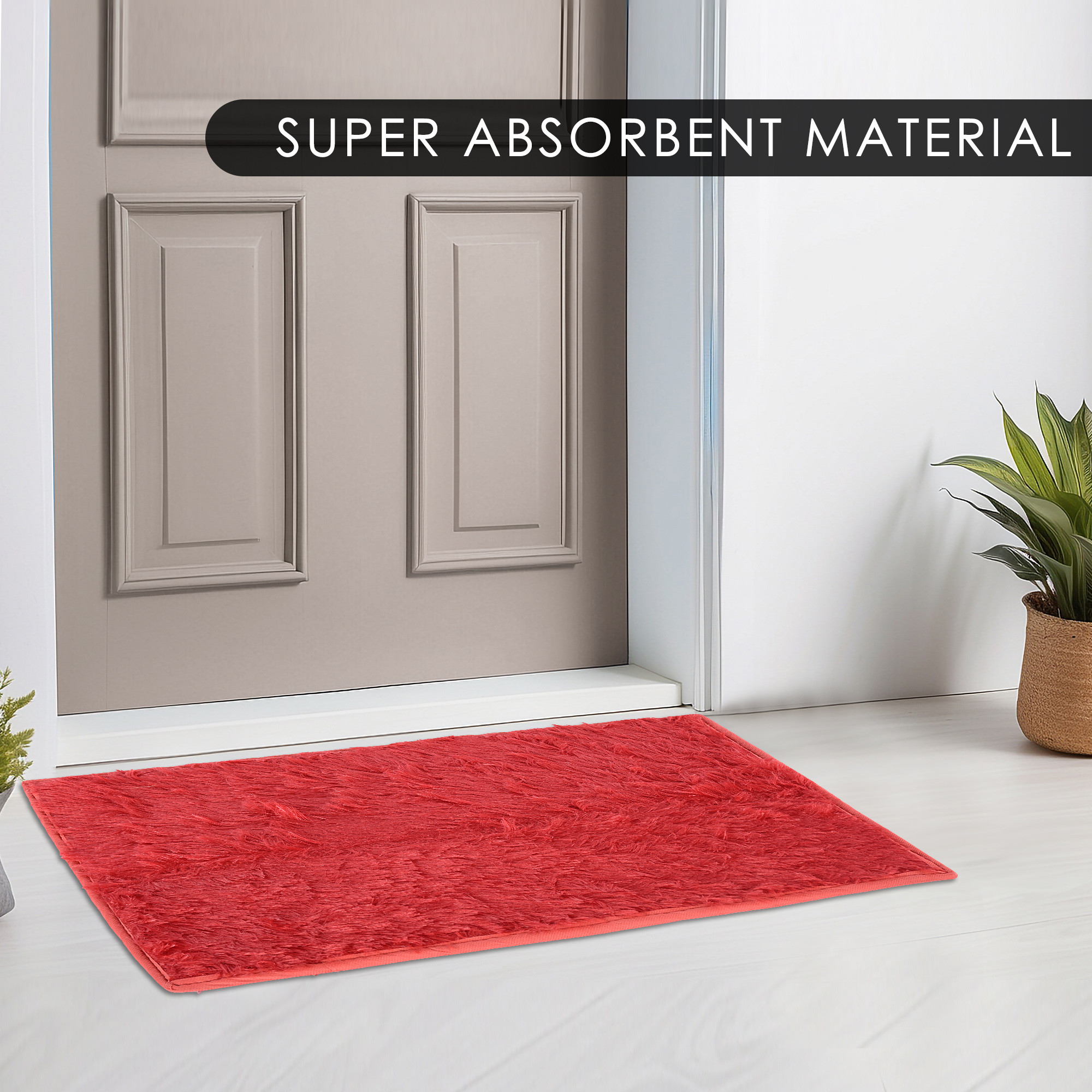Kuber Industries Anti-Slip Bathroom Mat  Door Mats for Home Entrance  Kitchen Floor  Foot Perdan for Home Door  Furry - Red