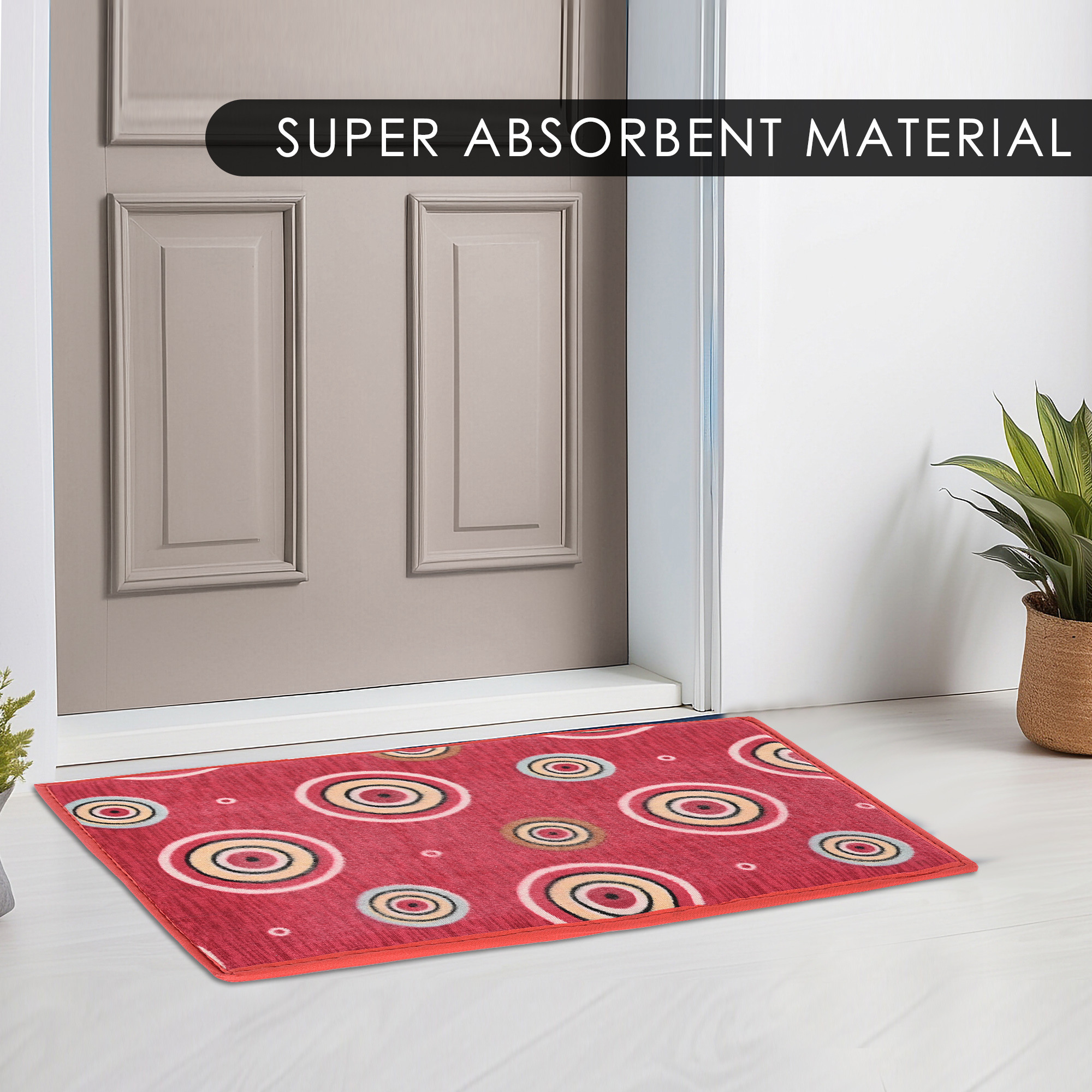 Kuber Industries Anti-Slip Bathroom Mat  Door Mats for Home Entrance  Kitchen Floor  Foot Perdan for Home Door Circles Design - Red