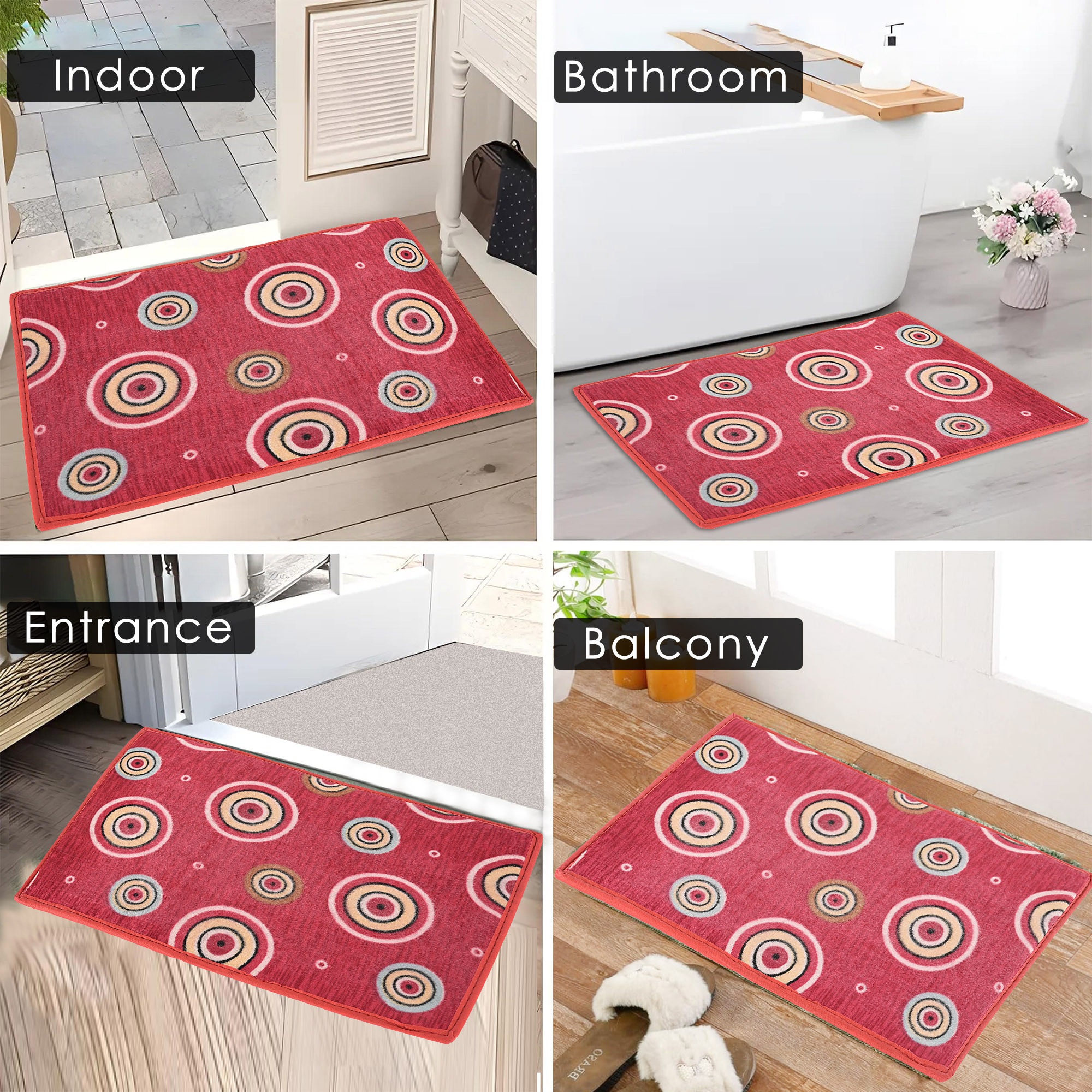 Kuber Industries Anti-Slip Bathroom Mat  Door Mats for Home Entrance  Kitchen Floor  Foot Perdan for Home Door Circles Design - Red