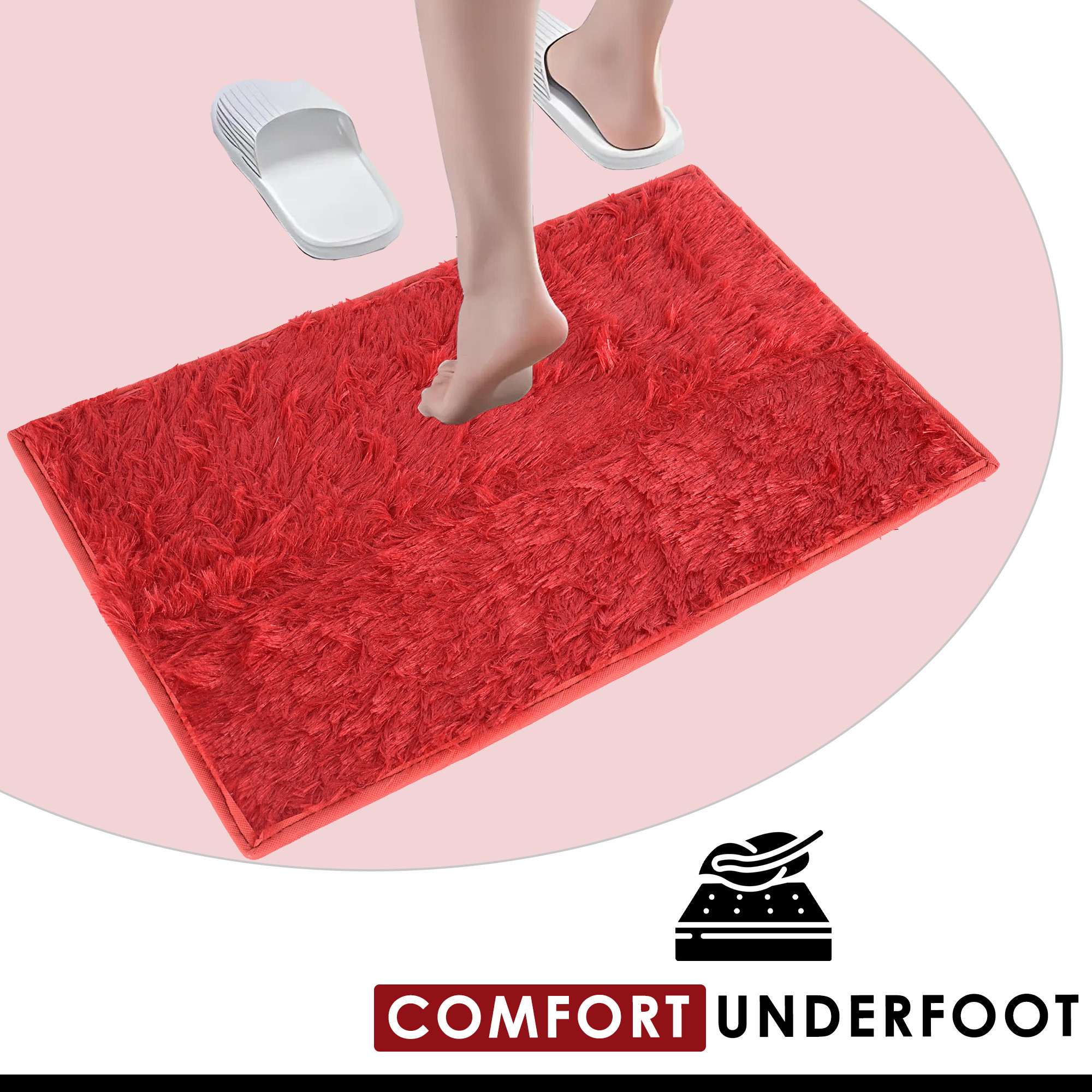 Kuber Industries Anti-Slip Bathroom Mat  Door Mats for Home Entrance  Kitchen Floor  Foot Perdan for Home Door  Furry - Red