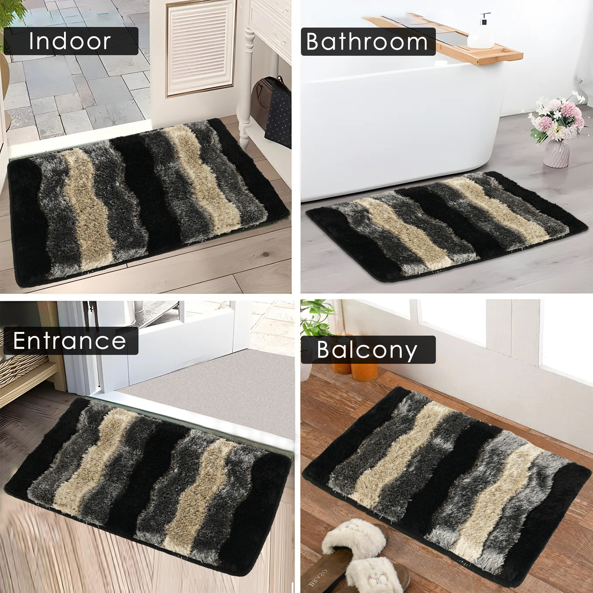 Kuber Industries Anti-Slip Bathroom Mat  Furry Door Mats for Home Entrance  Kitchen Floor  Foot Perdan for Home Door -Black  Grey