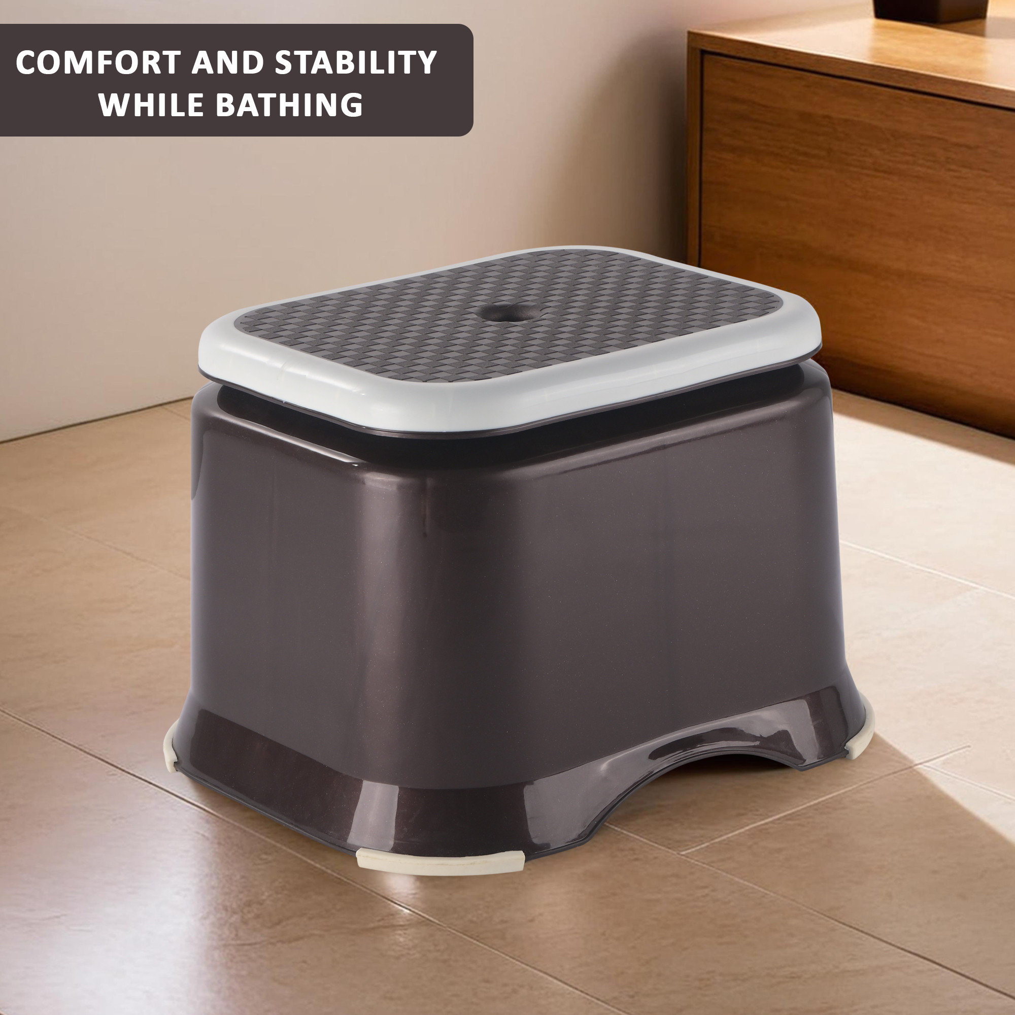 Kuber Industries Anti-Slip Bathroom Stool for Bathing  Comfortable Indoor  Outdoor Machiya for Sitting  Durable Adults Bath Stool  Patla Chair for Home  Check Ultra 10- Brown