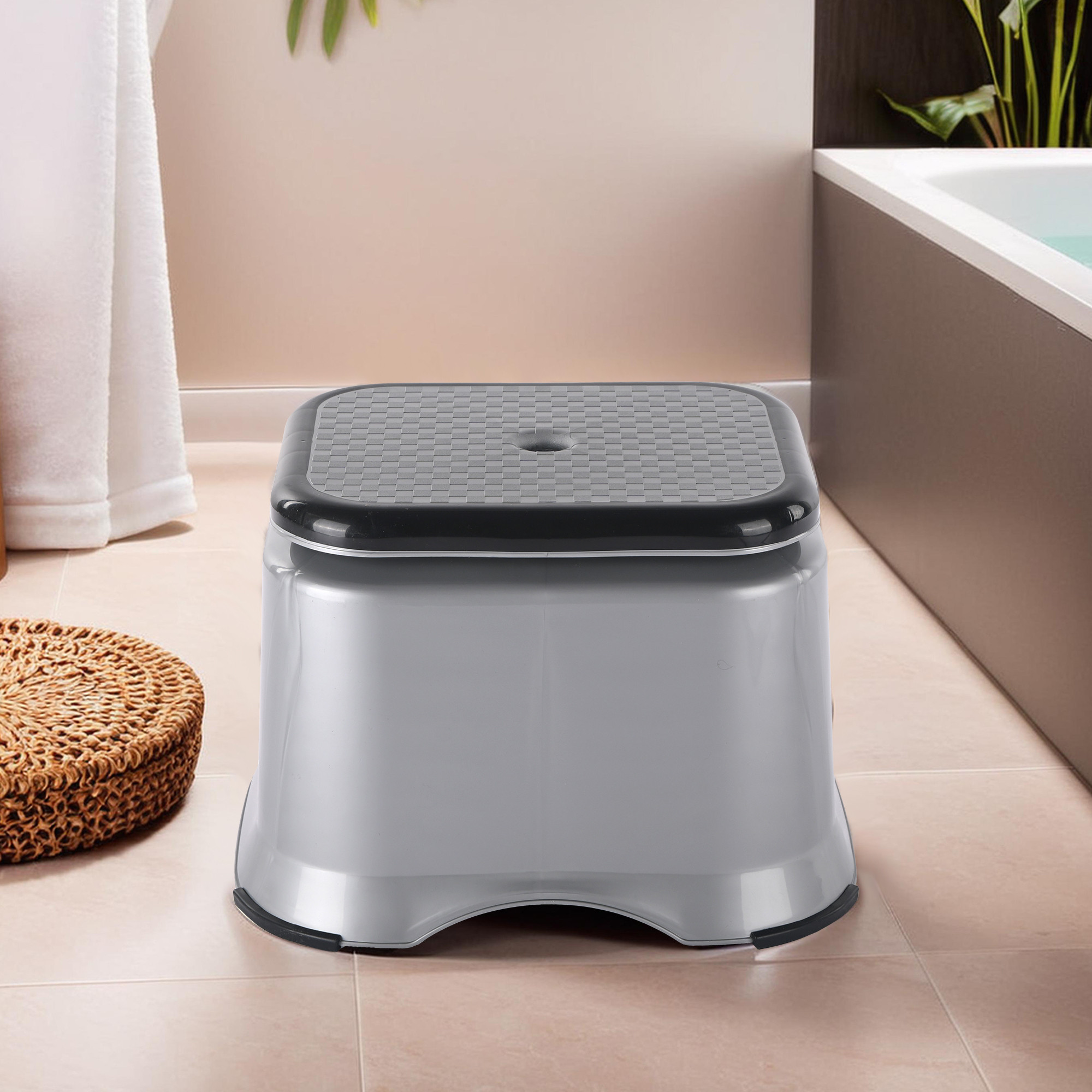 Kuber Industries Anti-Slip Bathroom Stool for Bathing  Comfortable Indoor  Outdoor Machiya for Sitting  Durable Adults Bath Stool  Patla Chair for Home  Check Ultra 10- Grey