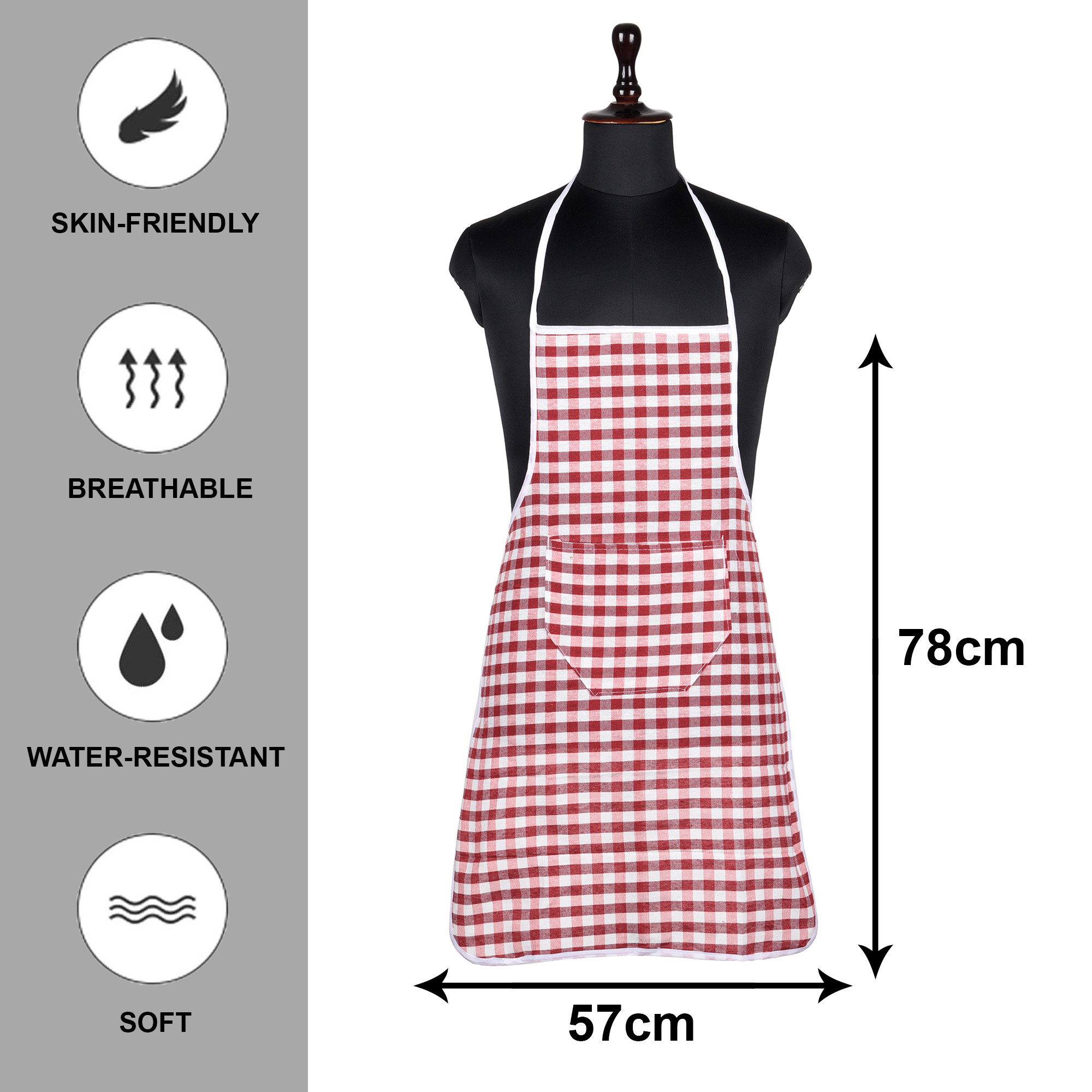 Kuber Industries Apron | Cotton Front Pocket Kitchen Apron | Check New Apron for Restaurent | Apron for Housewife | Chef Apron for Kitchen | Chef Bib Apron | Red