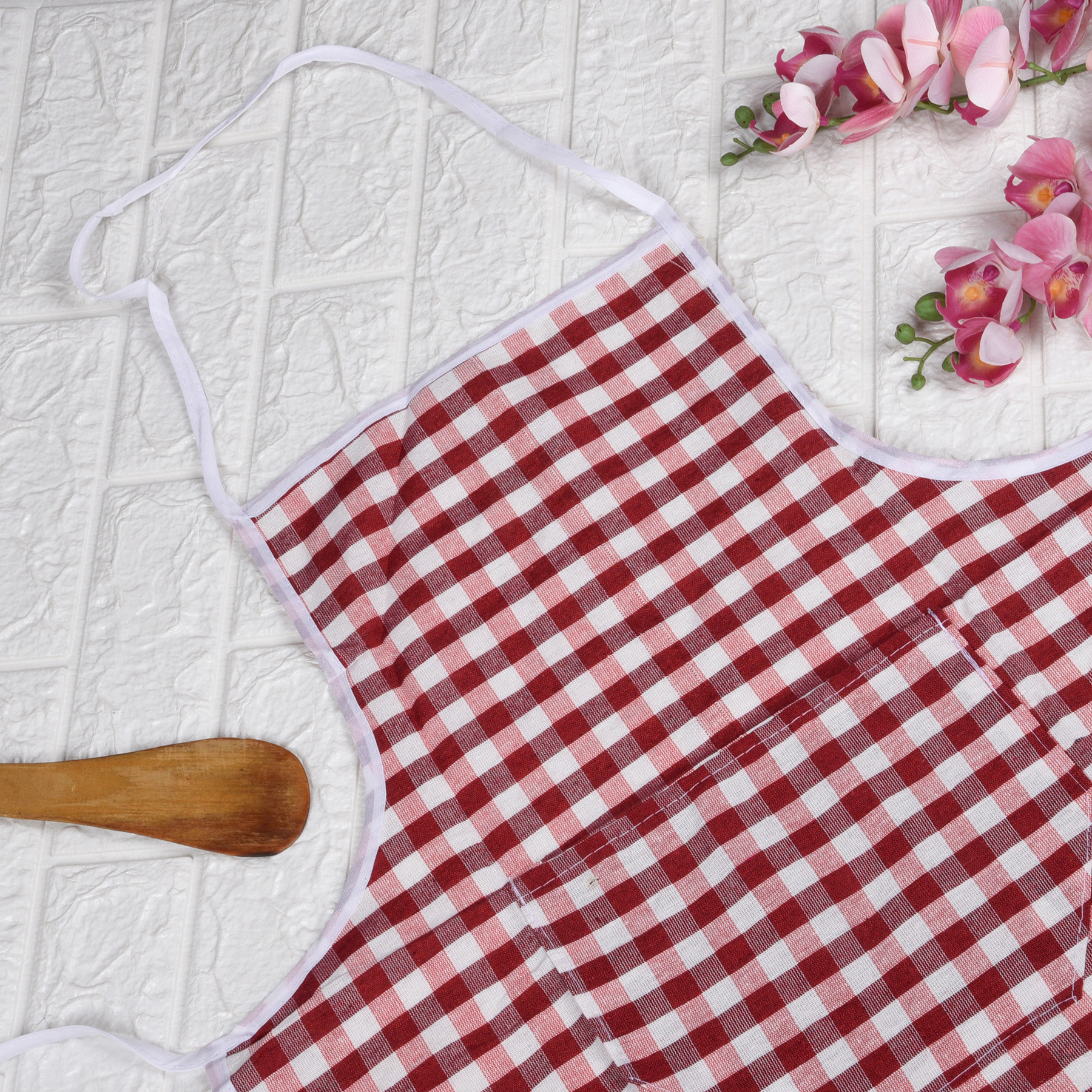 Kuber Industries Apron | Cotton Front Pocket Kitchen Apron | Check New Apron for Restaurent | Apron for Housewife | Chef Apron for Kitchen | Chef Bib Apron | Red