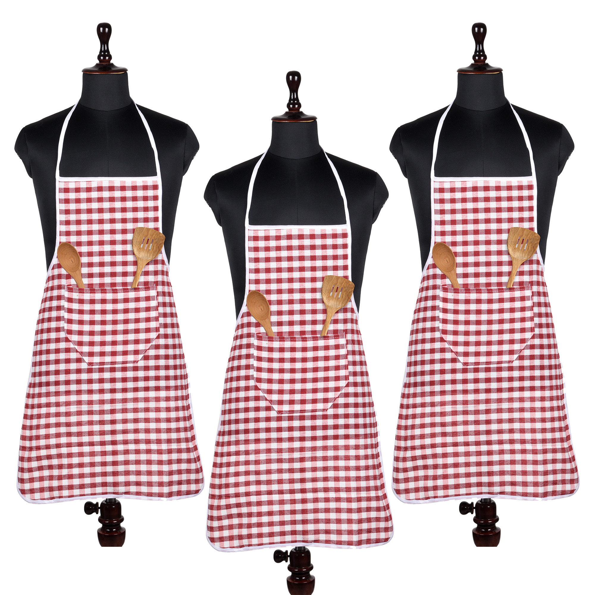 Kuber Industries Apron | Cotton Front Pocket Kitchen Apron | Check New Apron for Restaurent | Apron for Housewife | Chef Apron for Kitchen | Chef Bib Apron | Red