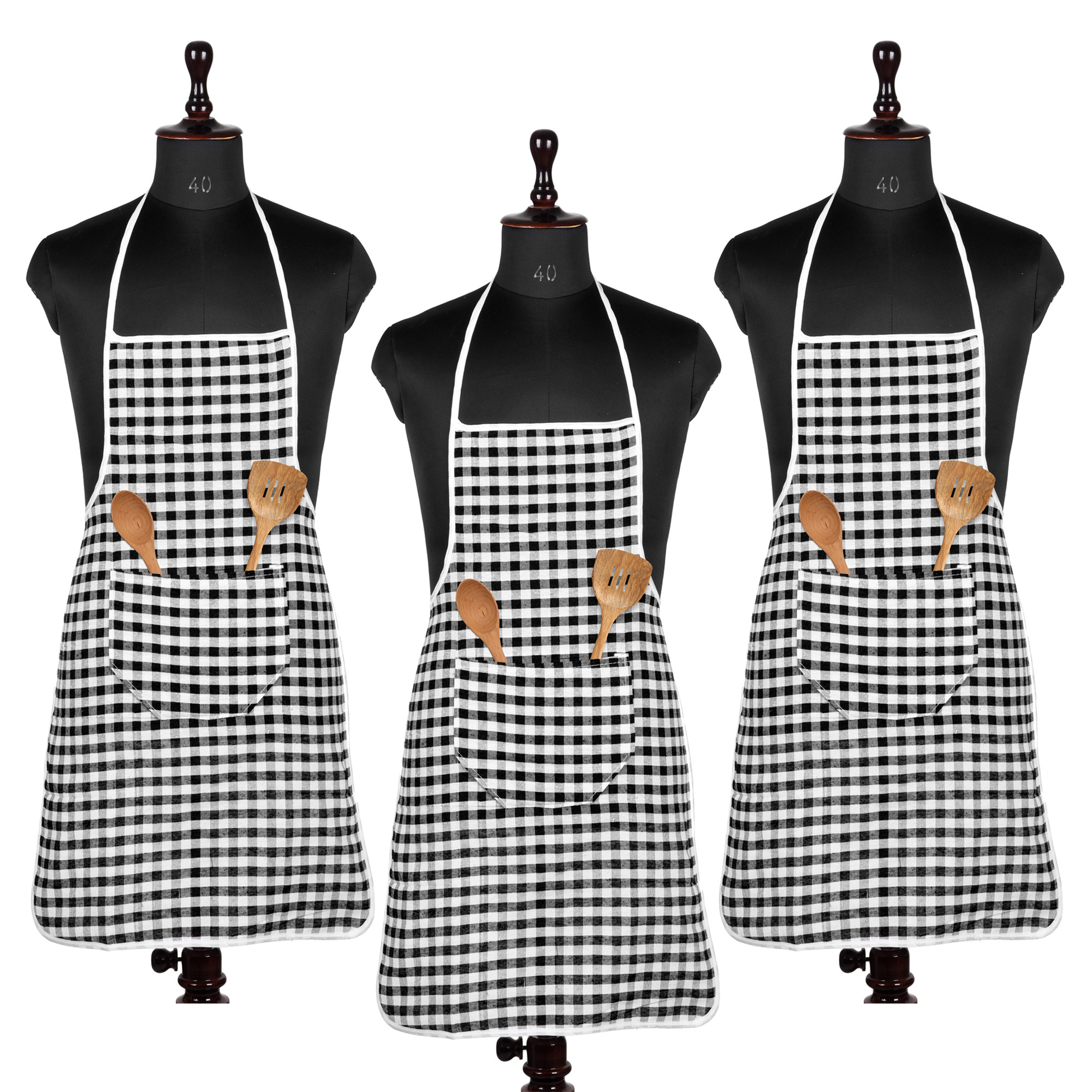 Kuber Industries Apron | Cotton Front Pocket Kitchen Apron | Check New Apron for Restaurent | Apron for Housewife | Chef Apron for Kitchen | Chef Bib Apron | Black