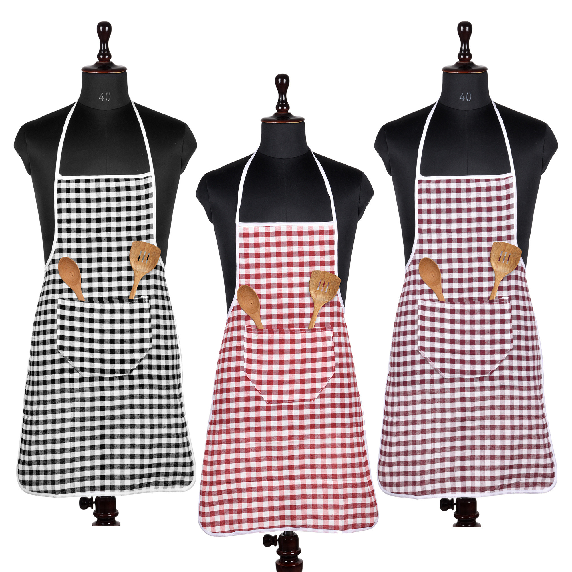 Kuber Industries Apron | Cotton Front Pocket Kitchen Apron | Check New Apron for Restaurent | Apron for Housewife | Chef Apron for Kitchen | Chef Bib Apron | Pack of 3 | Multicolor