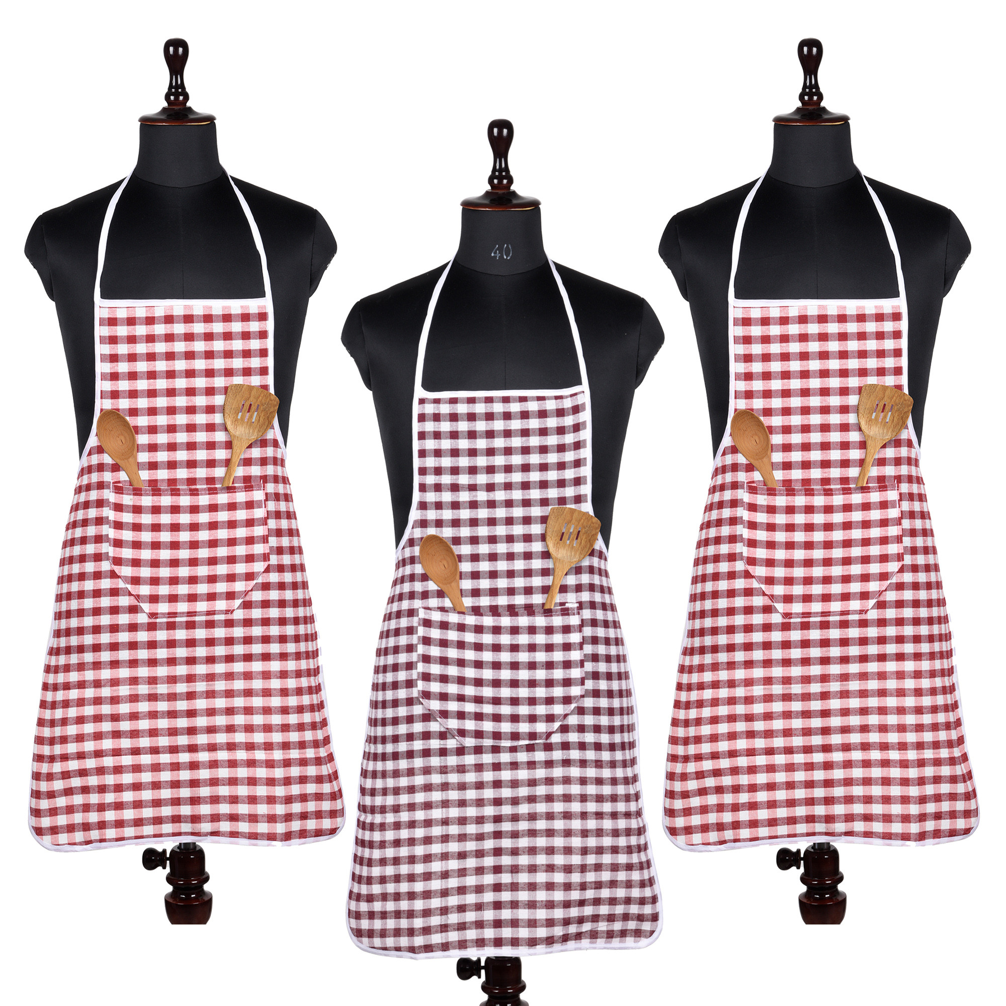 Kuber Industries Apron | Cotton Front Pocket Kitchen Apron | Check New Apron for Restaurent | Apron for Housewife | Chef Apron for Kitchen | Chef Bib Apron | Pack of 3 | Multicolor