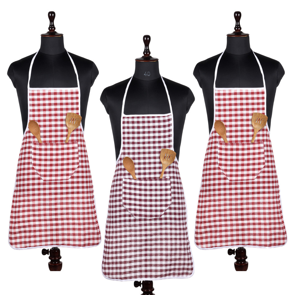 Kuber Industries Apron | Cotton Front Pocket Kitchen Apron | Check New Apron for Restaurent | Apron for Housewife | Chef Apron for Kitchen | Chef Bib Apron | Pack of 3 | Multicolor