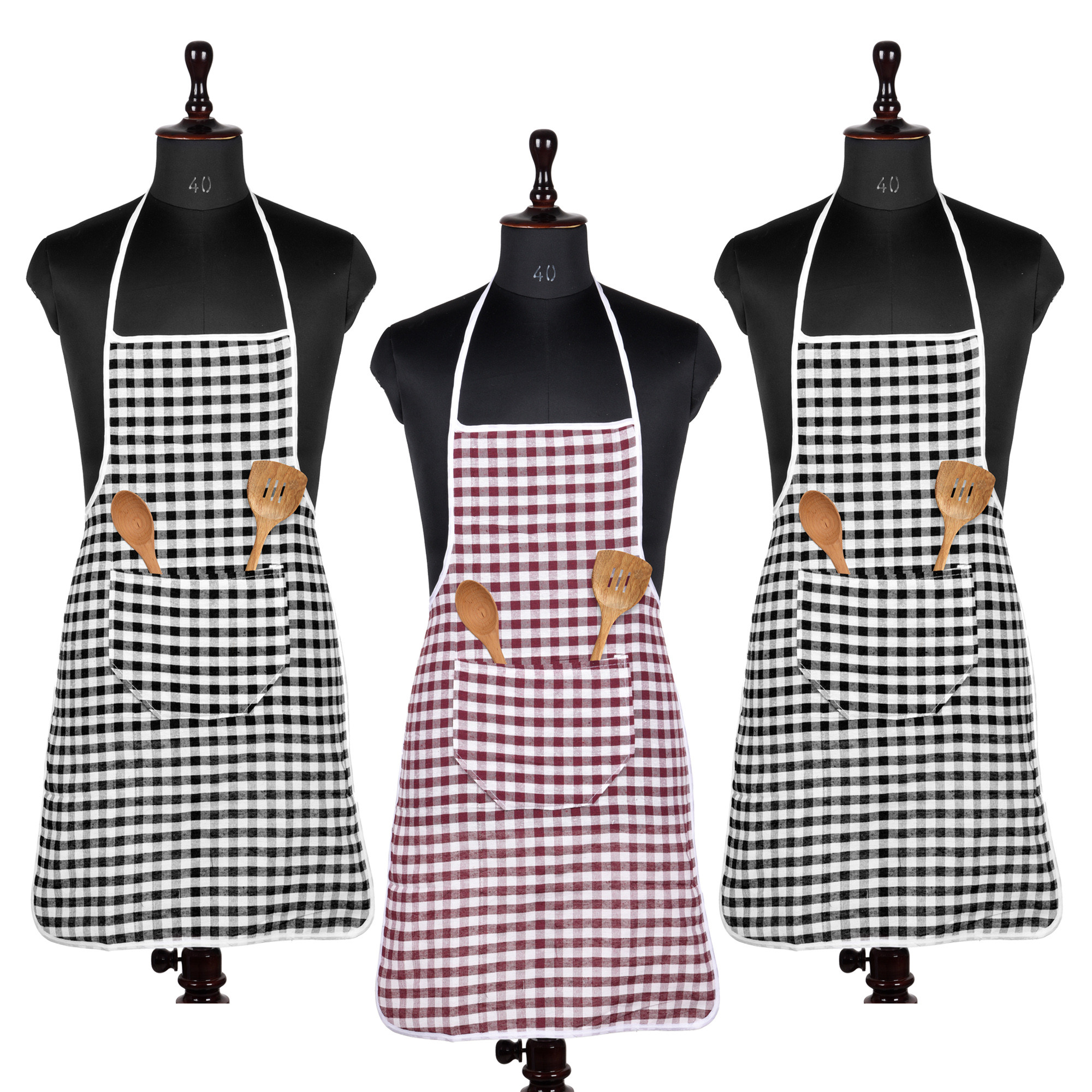 Kuber Industries Apron | Cotton Front Pocket Kitchen Apron | Check New Apron for Restaurent | Apron for Housewife | Chef Apron for Kitchen | Chef Bib Apron | Pack of 3 | Multicolor