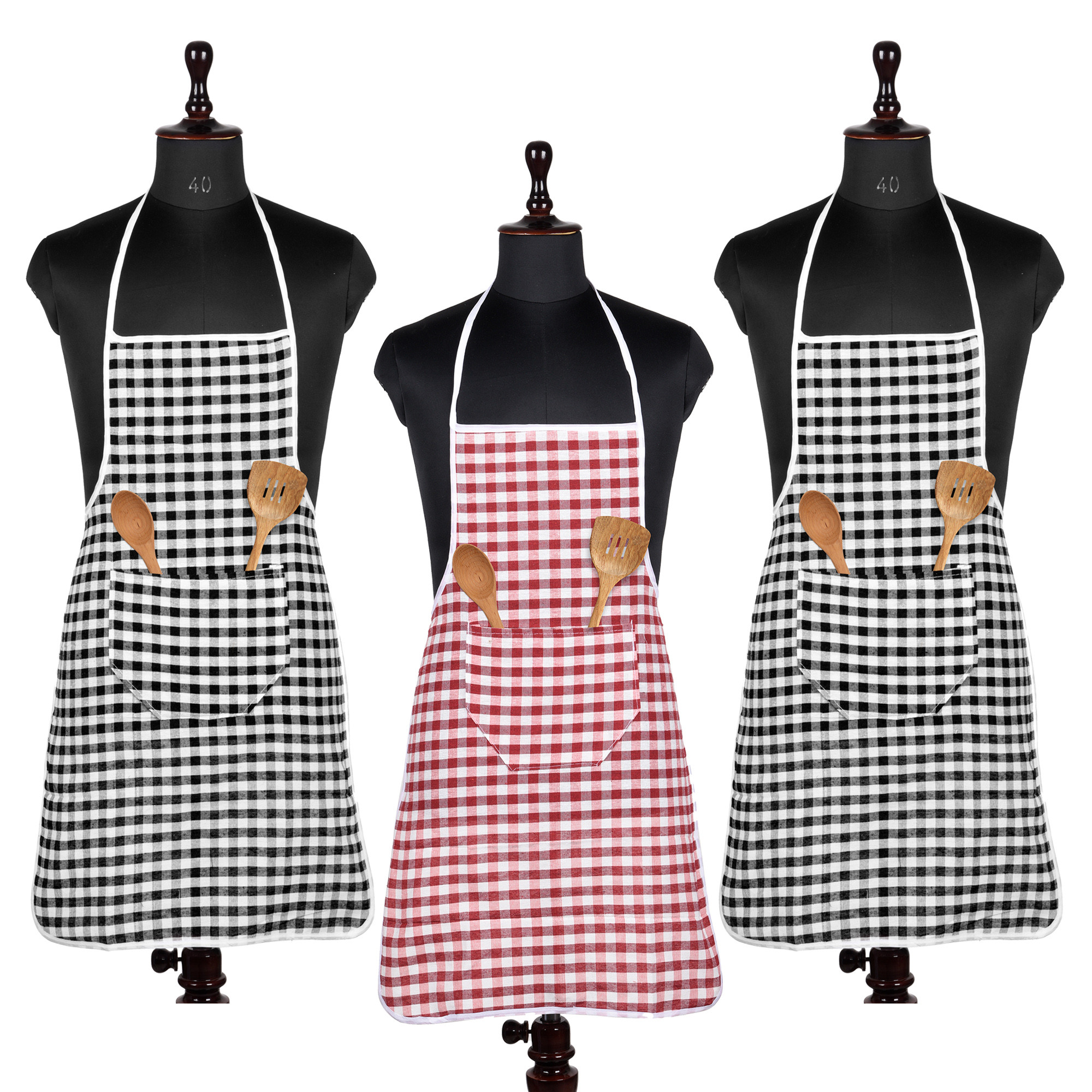Kuber Industries Apron | Cotton Front Pocket Kitchen Apron | Check New Apron for Restaurent | Apron for Housewife | Chef Apron for Kitchen | Chef Bib Apron | Pack of 3 | Multicolor