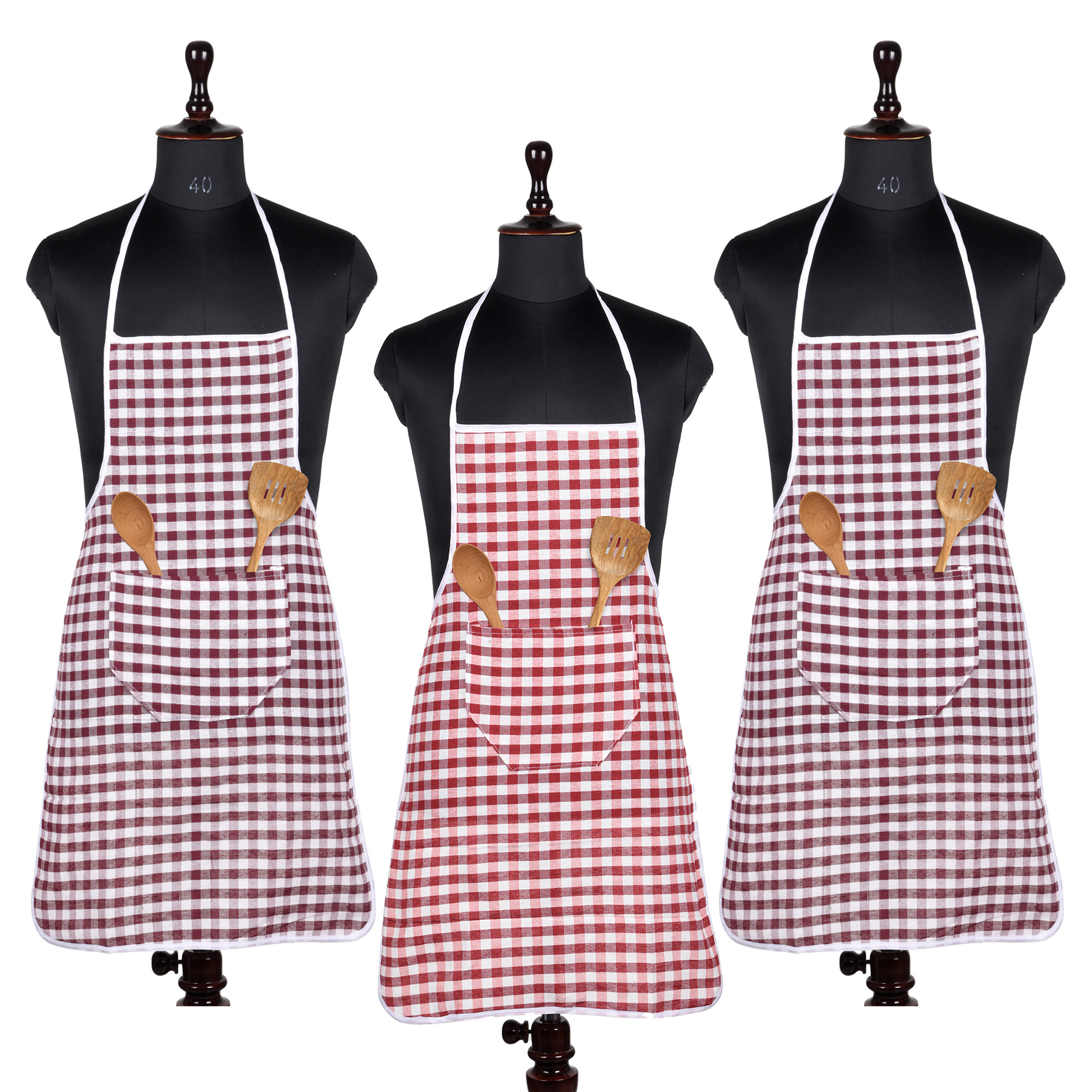 Kuber Industries Apron | Cotton Front Pocket Kitchen Apron | Check New Apron for Restaurent | Apron for Housewife | Chef Apron for Kitchen | Chef Bib Apron | Pack of 3 | Multicolor