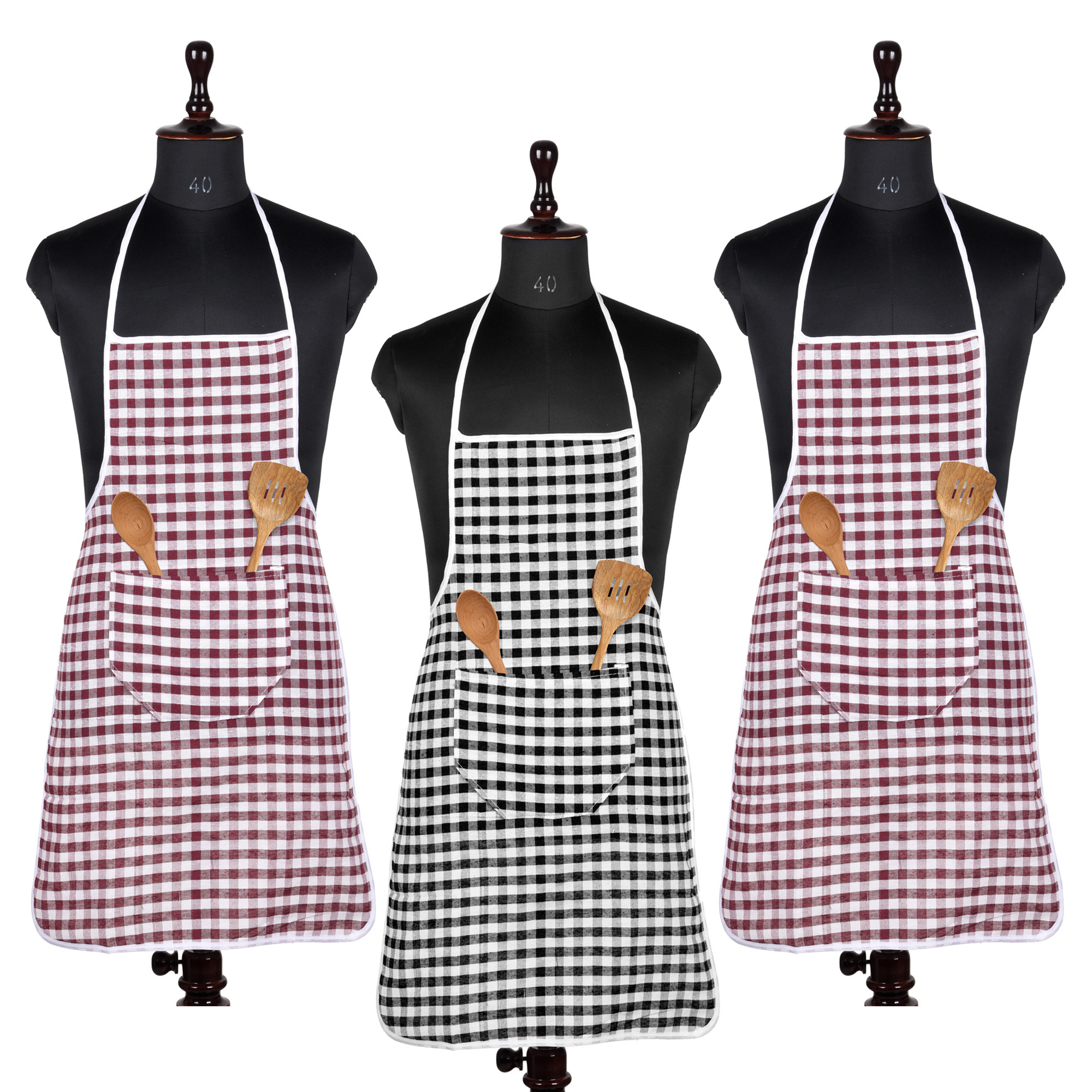 Kuber Industries Apron | Cotton Front Pocket Kitchen Apron | Check New Apron for Restaurent | Apron for Housewife | Chef Apron for Kitchen | Chef Bib Apron | Pack of 3 | Multicolor