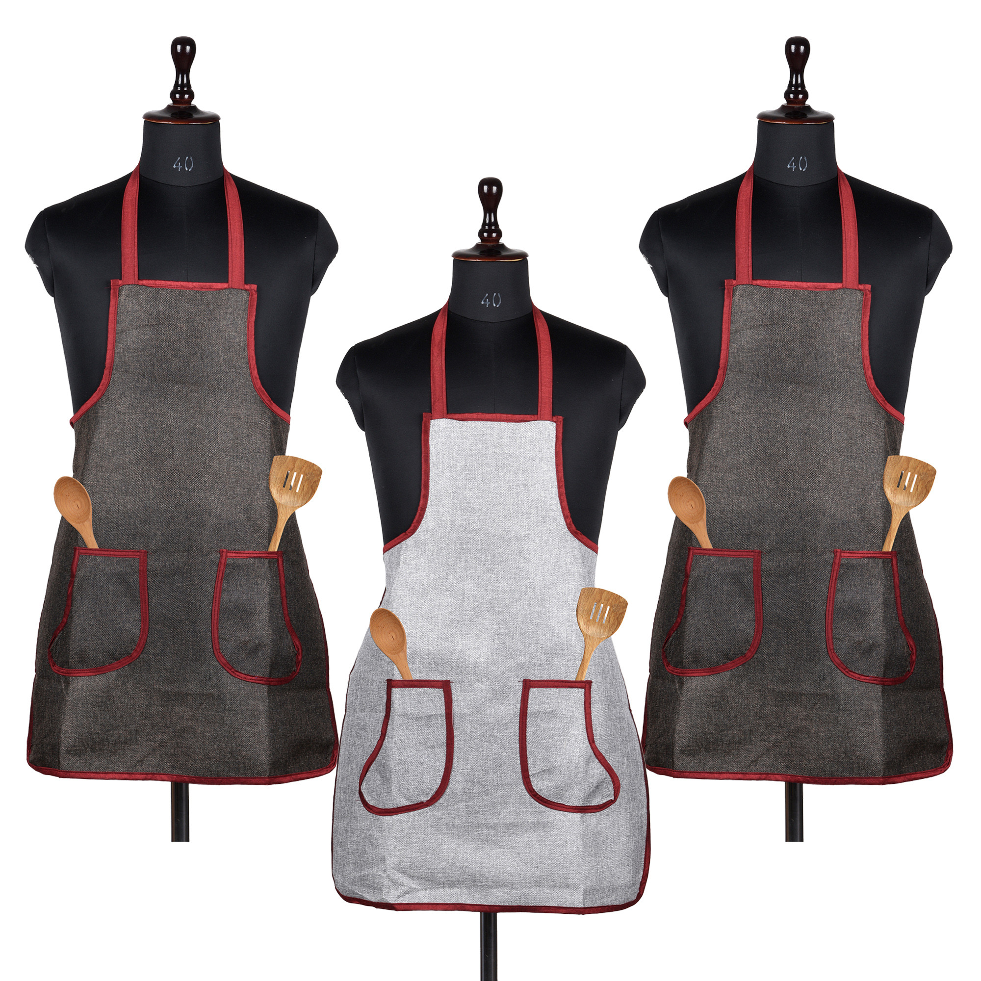 Kuber Industries Apron | Jute 2 Front Pocket Kitchen Apron | Apron for Restaurent | Apron for Housewife | Chef Apron for Kitchen | Water Resistance Apron | Pack of 3 | Multi
