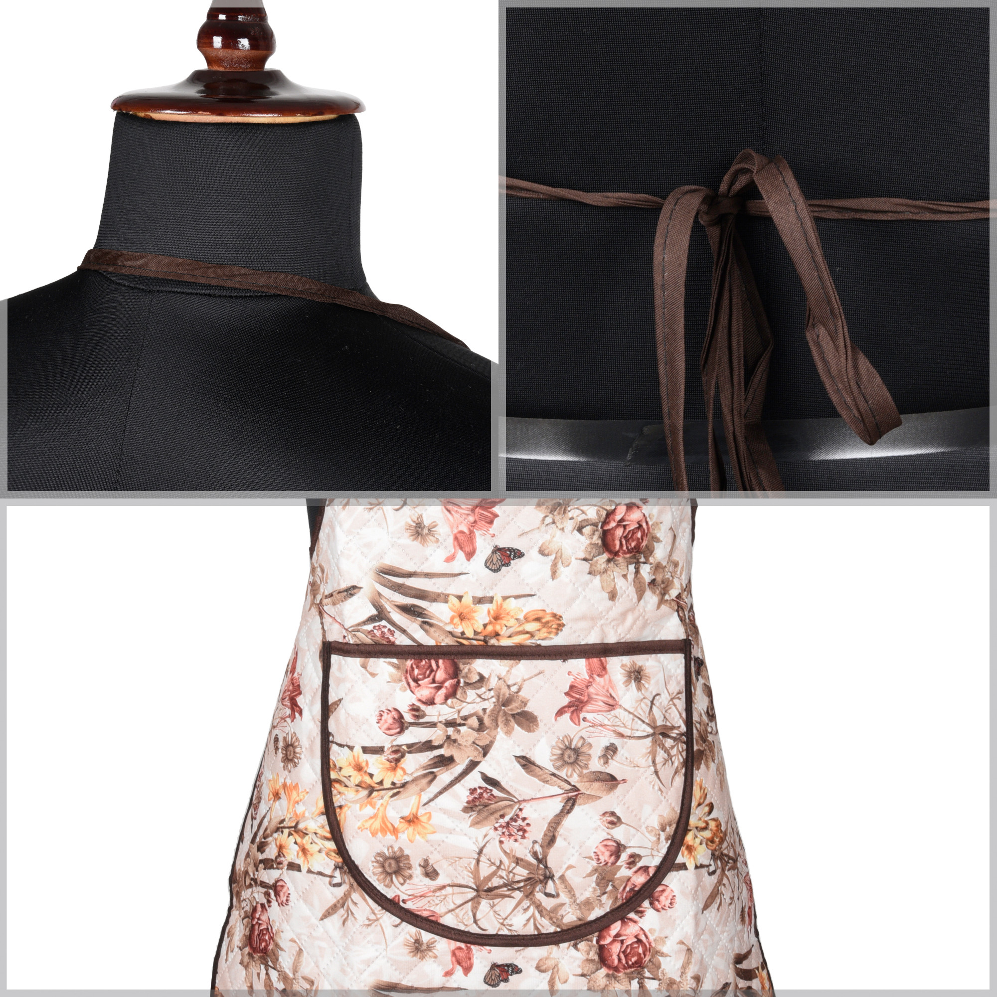 Kuber Industries Apron  Kitchen Apron for Cooking  Apron for Restaurant  Cooking Dress for Men-Women  Quilted Fabric Chef Apron  Center Pocket Apron with Ties  Brown Flower  Cream