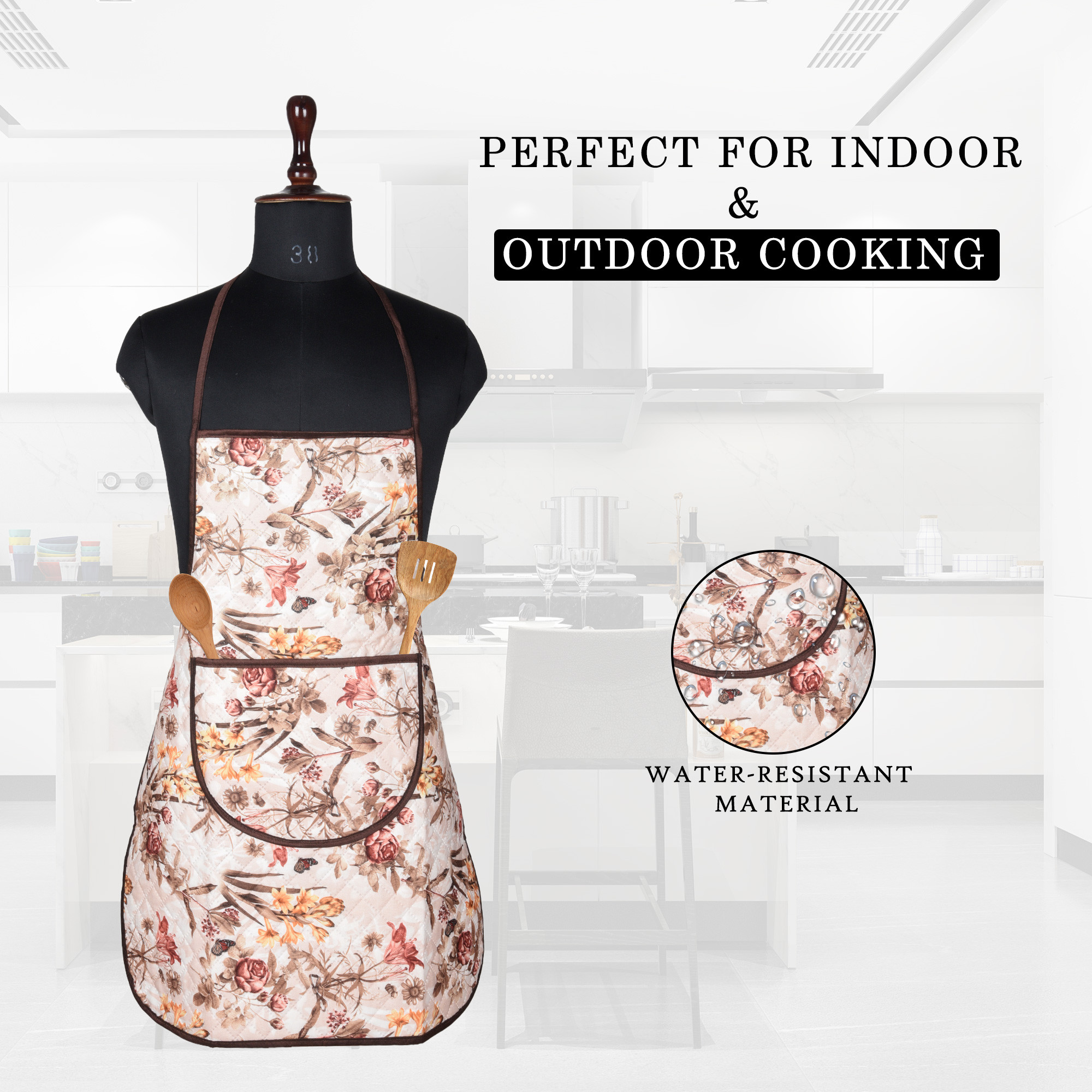 Kuber Industries Apron  Kitchen Apron for Cooking  Apron for Restaurant  Cooking Dress for Men-Women  Quilted Fabric Chef Apron  Center Pocket Apron with Ties  Brown Flower  Cream