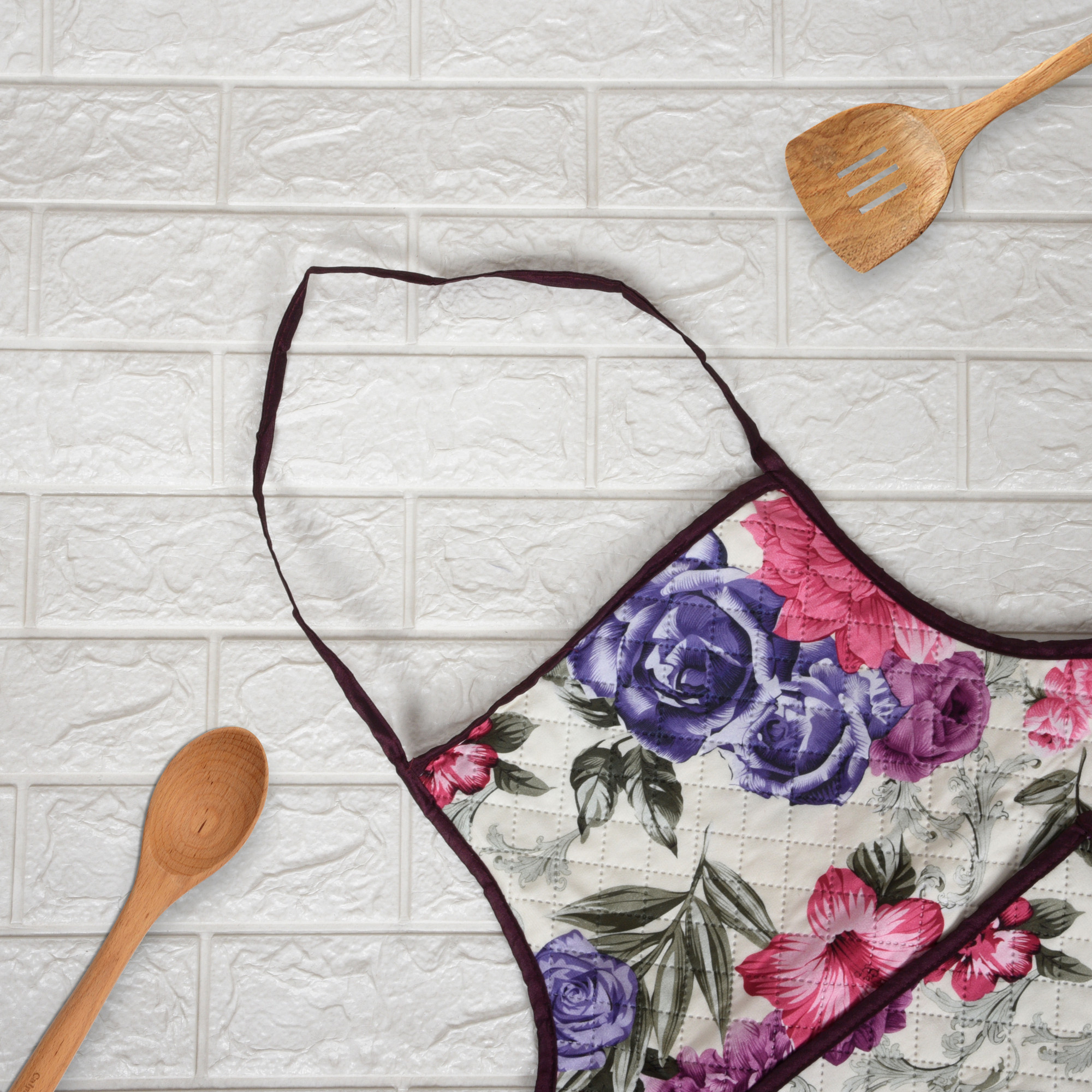 Kuber Industries Apron  Kitchen Apron for Cooking  Apron for Restaurant  Quilted Fabric Chef Apron  Center Pocket Apron with Ties  Cooking Dress for Men-Women  Pink Flower  Cream