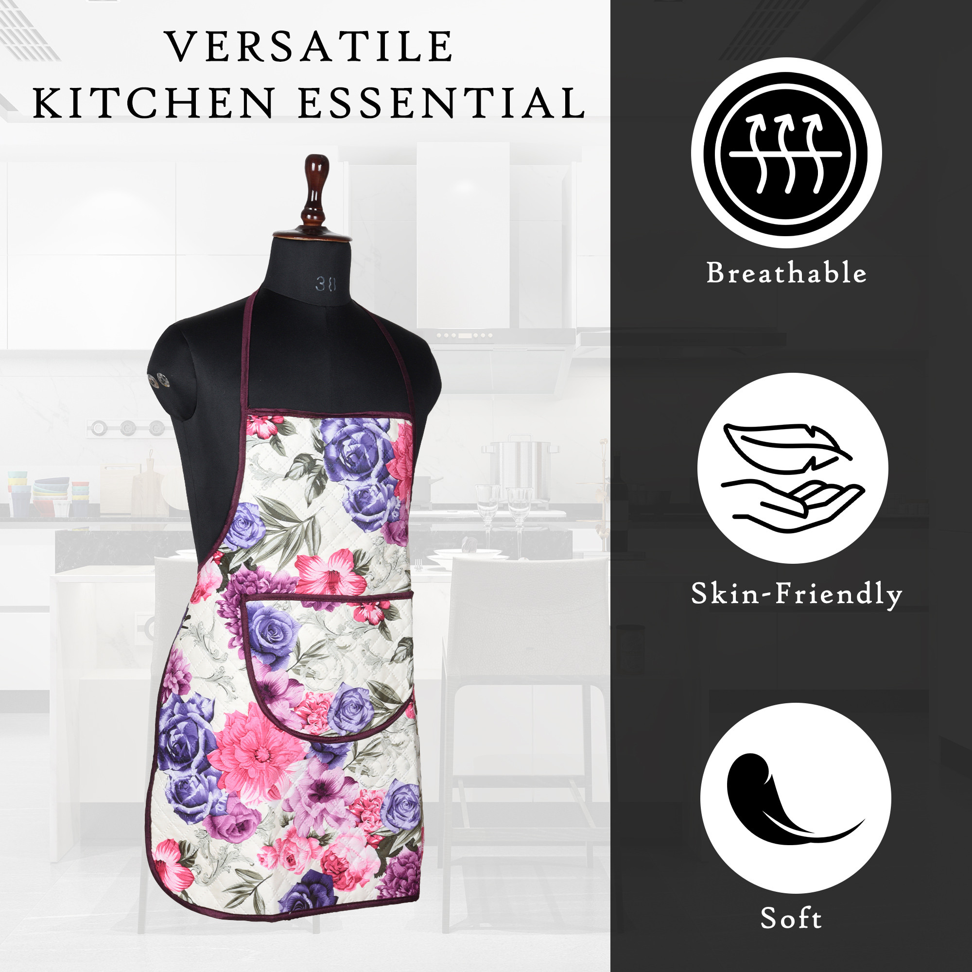 Kuber Industries Apron  Kitchen Apron for Cooking  Apron for Restaurant  Quilted Fabric Chef Apron  Center Pocket Apron with Ties  Cooking Dress for Men-Women  Pink Flower  Cream