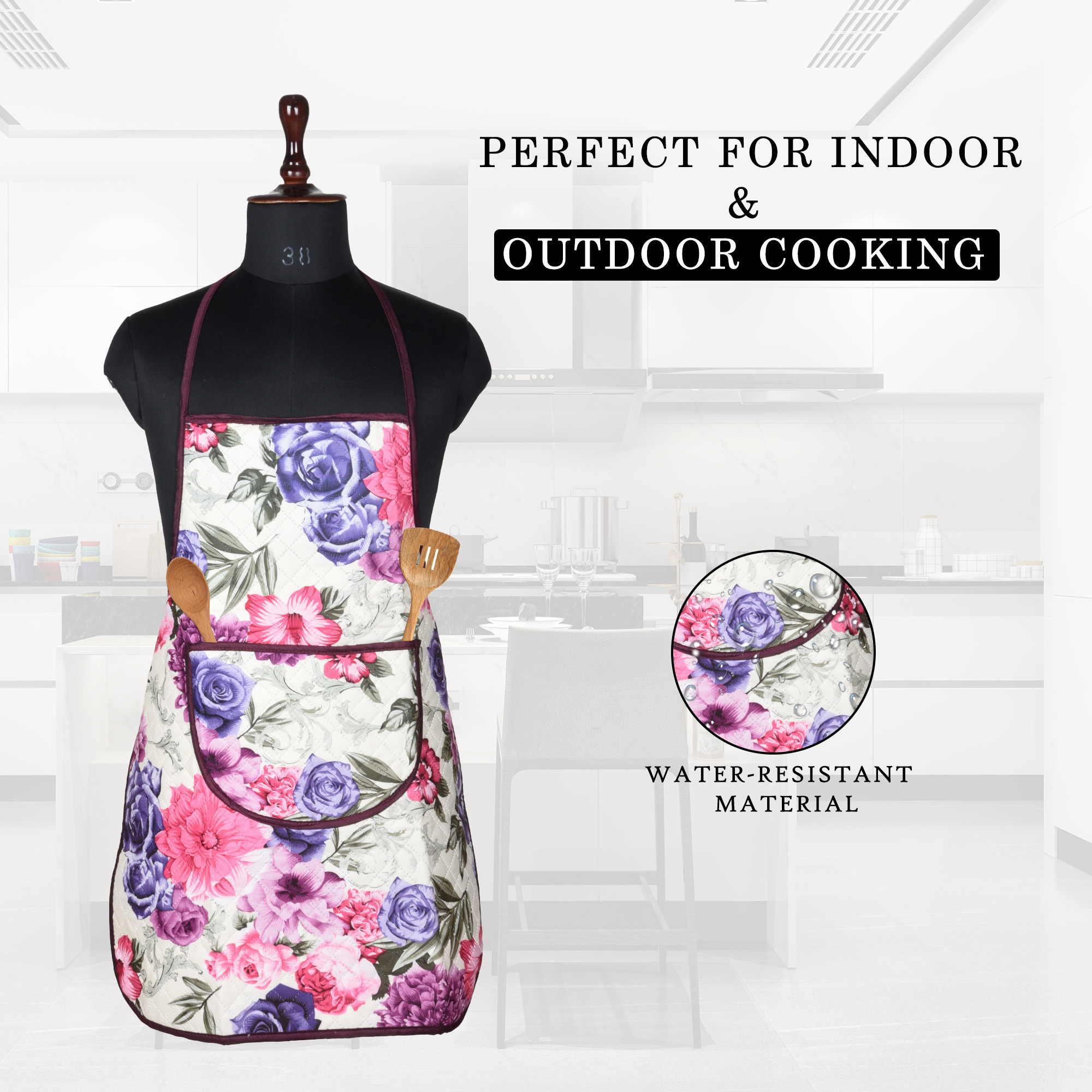 Kuber Industries Apron  Kitchen Apron for Cooking  Apron for Restaurant  Quilted Fabric Chef Apron  Center Pocket Apron with Ties  Cooking Dress for Men-Women  Pink Flower  Cream