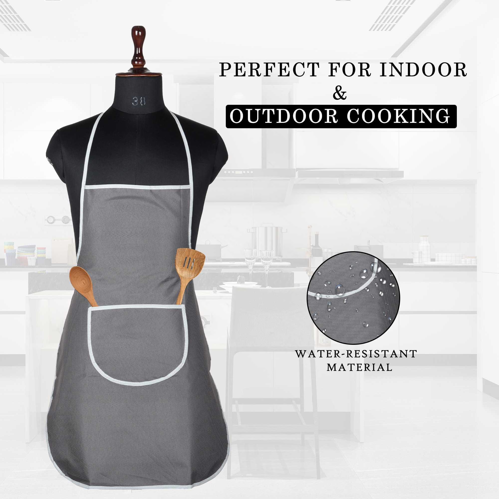 Kuber Industries Apron  Kitchen Apron for Cooking  Waterproof Kitchen Cloth  Kitchen Apron for Women  Center Pocket Apron with Ties  Cooking Dress for Men  Mini Check  Grey