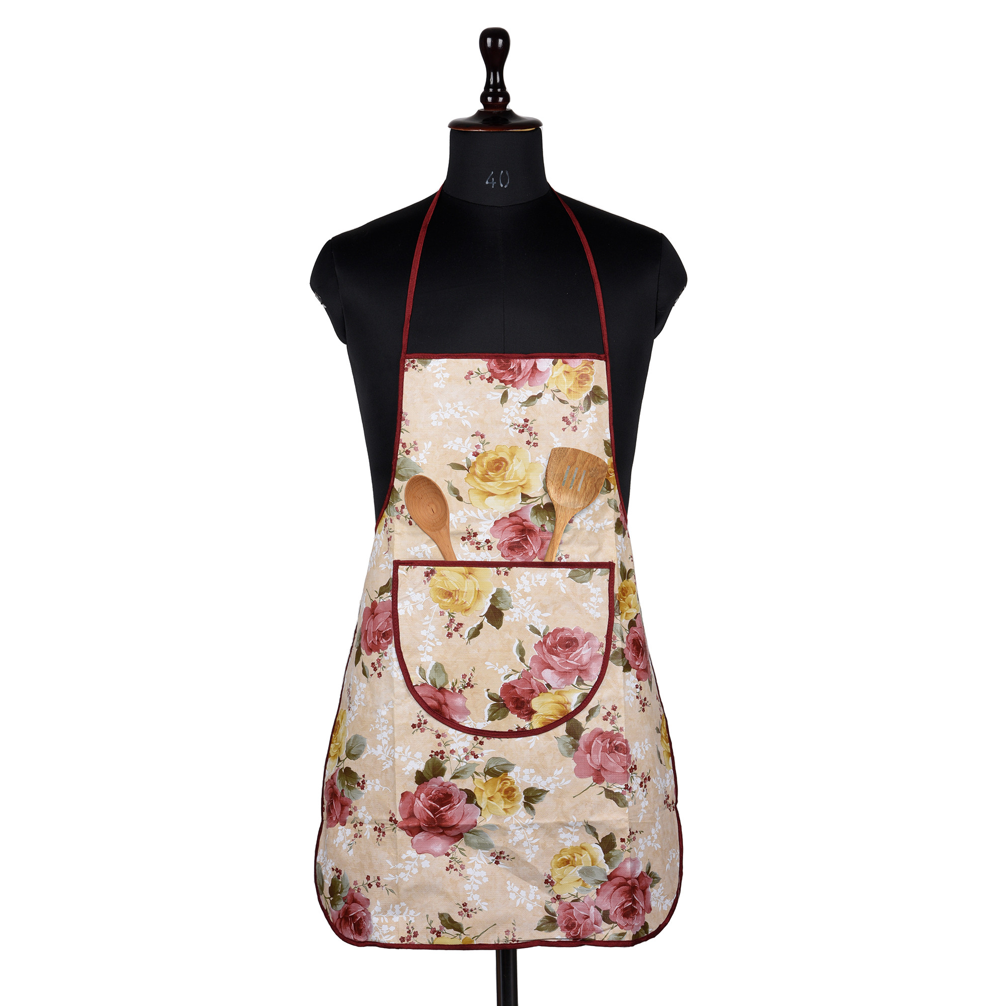 Kuber Industries Apron | PVC Cooking Kitchen Apron | Apron for Restaurent | Flower Apron for Housewife | Chef Apron with Ties | Center Pocket Apron | Beige