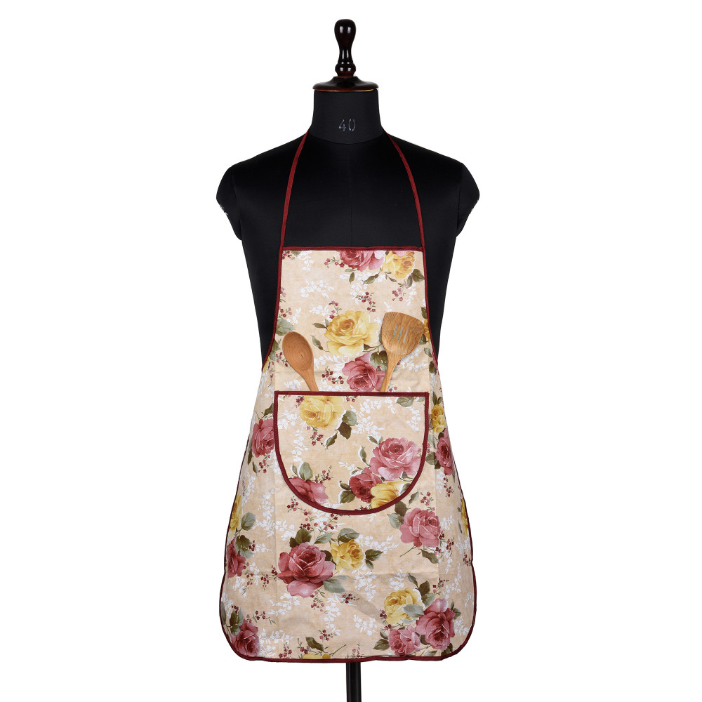 Kuber Industries Apron | PVC Cooking Kitchen Apron | Apron for Restaurent | Flower Apron for Housewife | Chef Apron with Ties | Center Pocket Apron | Beige