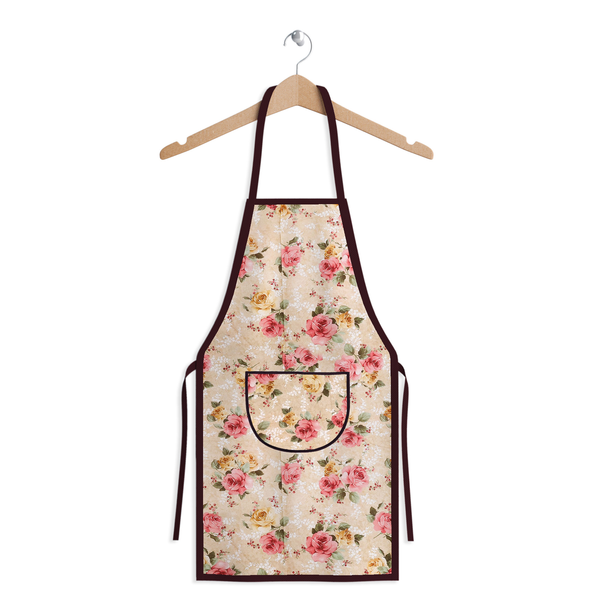 Kuber Industries Apron | PVC Cooking Kitchen Apron | Apron for Restaurent | Flower Apron for Housewife | Chef Apron with Ties | Center Pocket Apron | Beige