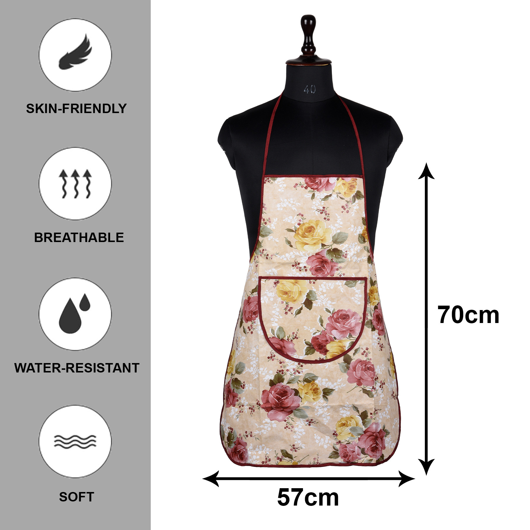 Kuber Industries Apron | PVC Cooking Kitchen Apron | Apron for Restaurent | Flower Apron for Housewife | Chef Apron with Ties | Center Pocket Apron | Beige
