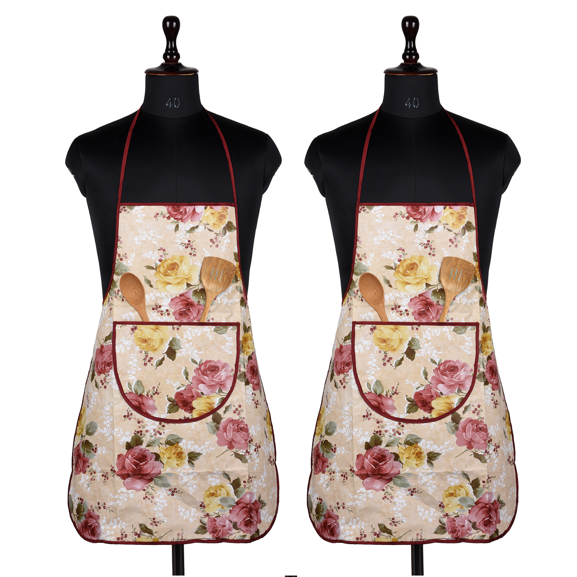 Kuber Industries Apron | PVC Cooking Kitchen Apron | Apron for Restaurent | Flower Apron for Housewife | Chef Apron with Ties | Center Pocket Apron | Beige