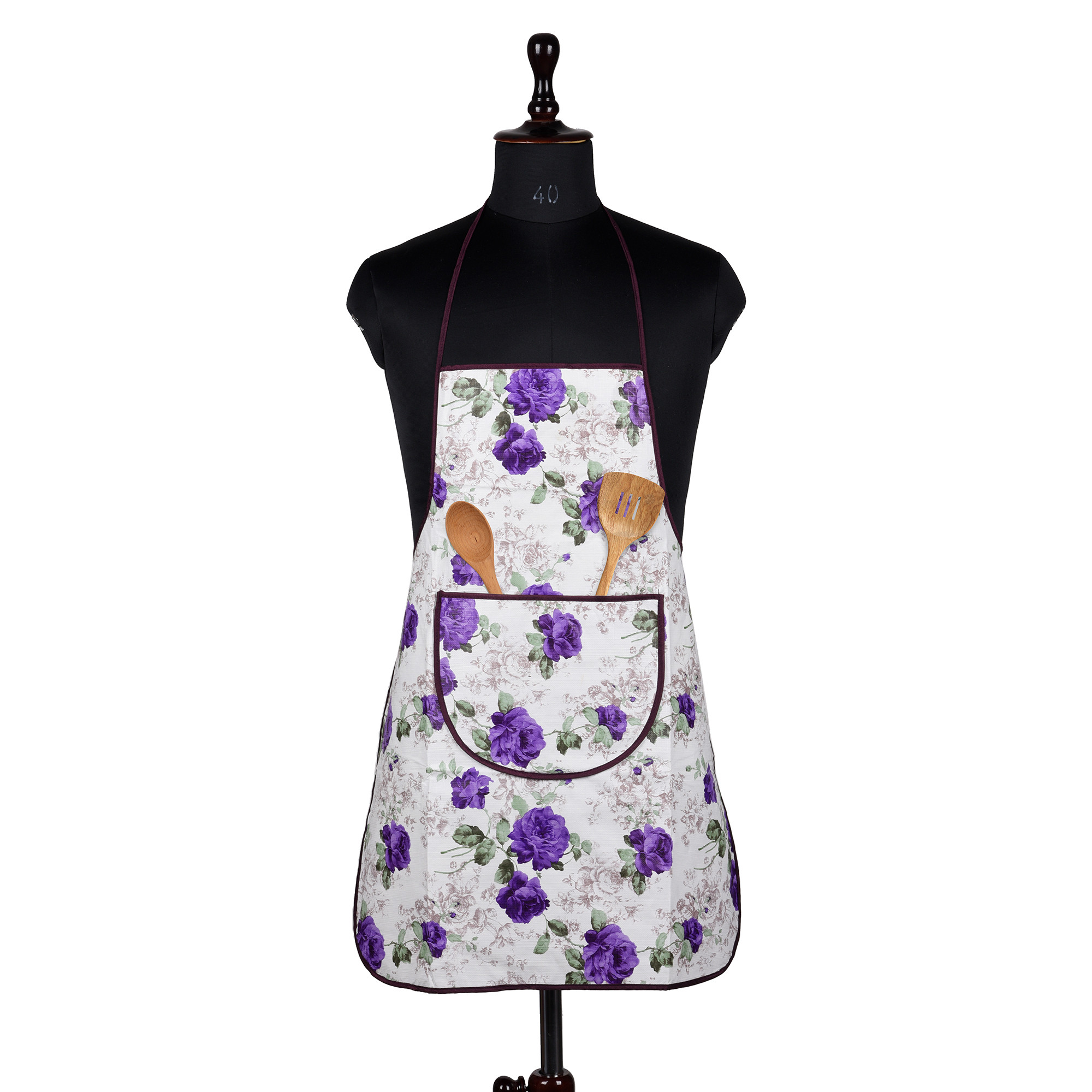 Kuber Industries Apron | PVC Cooking Kitchen Apron | Apron for Restaurent | Purple Flower Apron for Housewife | Chef Apron with Ties | Center Pocket Apron | White