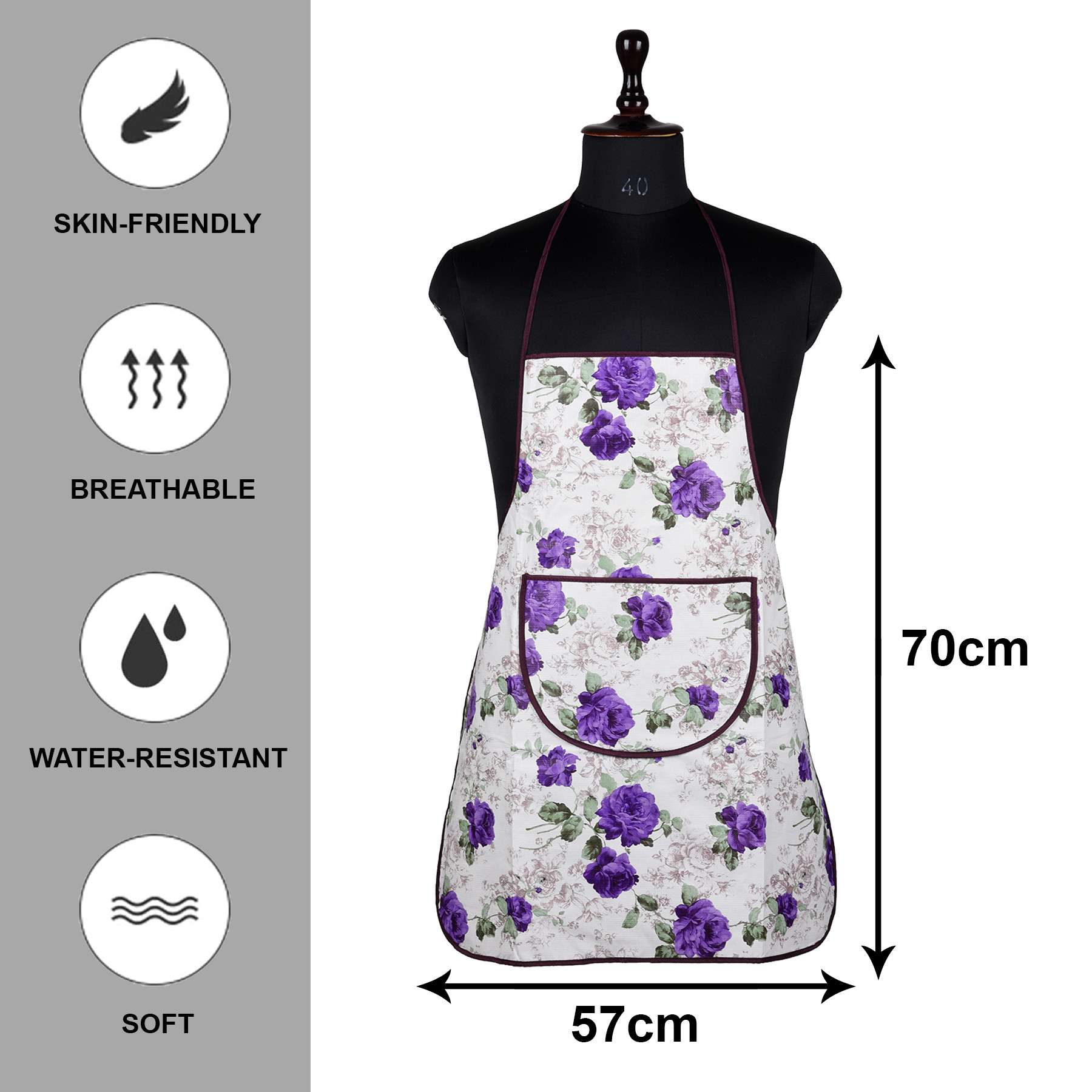 Kuber Industries Apron | PVC Cooking Kitchen Apron | Apron for Restaurent | Purple Flower Apron for Housewife | Chef Apron with Ties | Center Pocket Apron | White