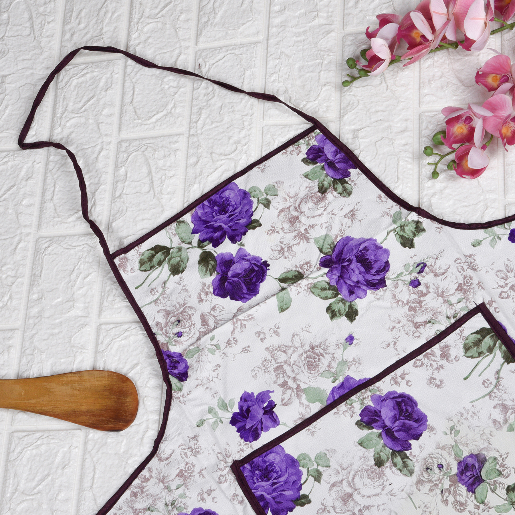 Kuber Industries Apron | PVC Cooking Kitchen Apron | Apron for Restaurent | Purple Flower Apron for Housewife | Chef Apron with Ties | Center Pocket Apron | White