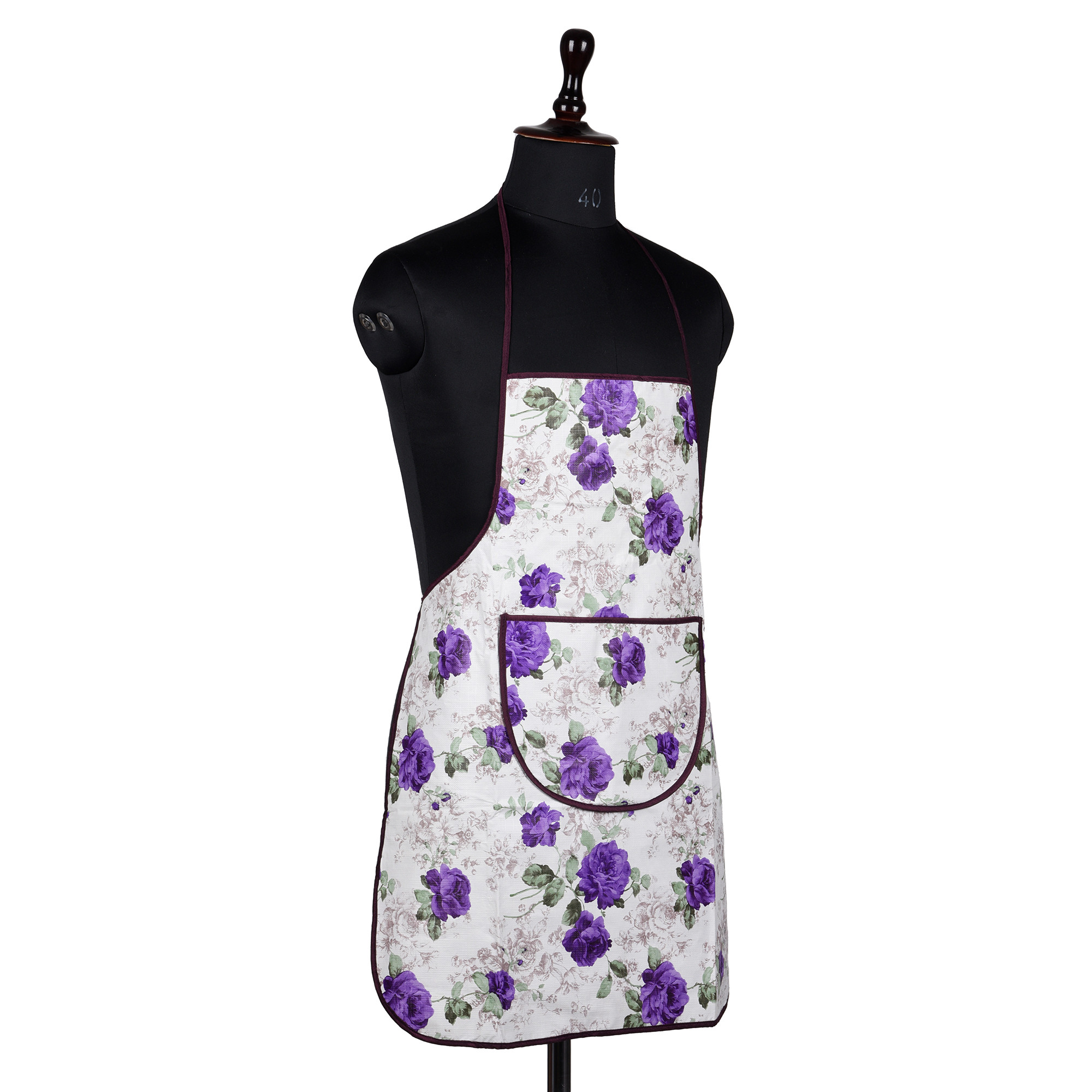 Kuber Industries Apron | PVC Cooking Kitchen Apron | Apron for Restaurent | Purple Flower Apron for Housewife | Chef Apron with Ties | Center Pocket Apron | White