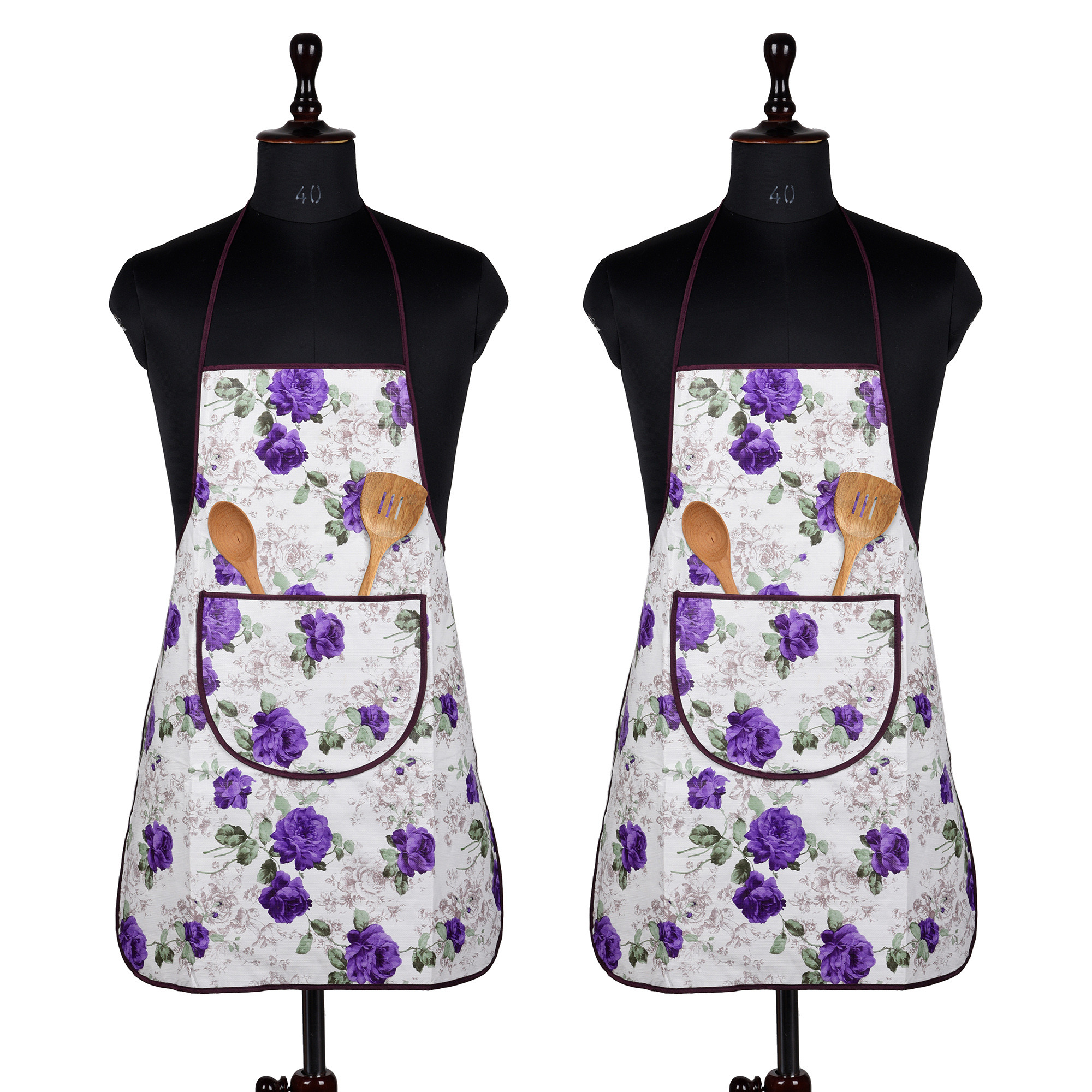 Kuber Industries Apron | PVC Cooking Kitchen Apron | Apron for Restaurent | Purple Flower Apron for Housewife | Chef Apron with Ties | Center Pocket Apron | White