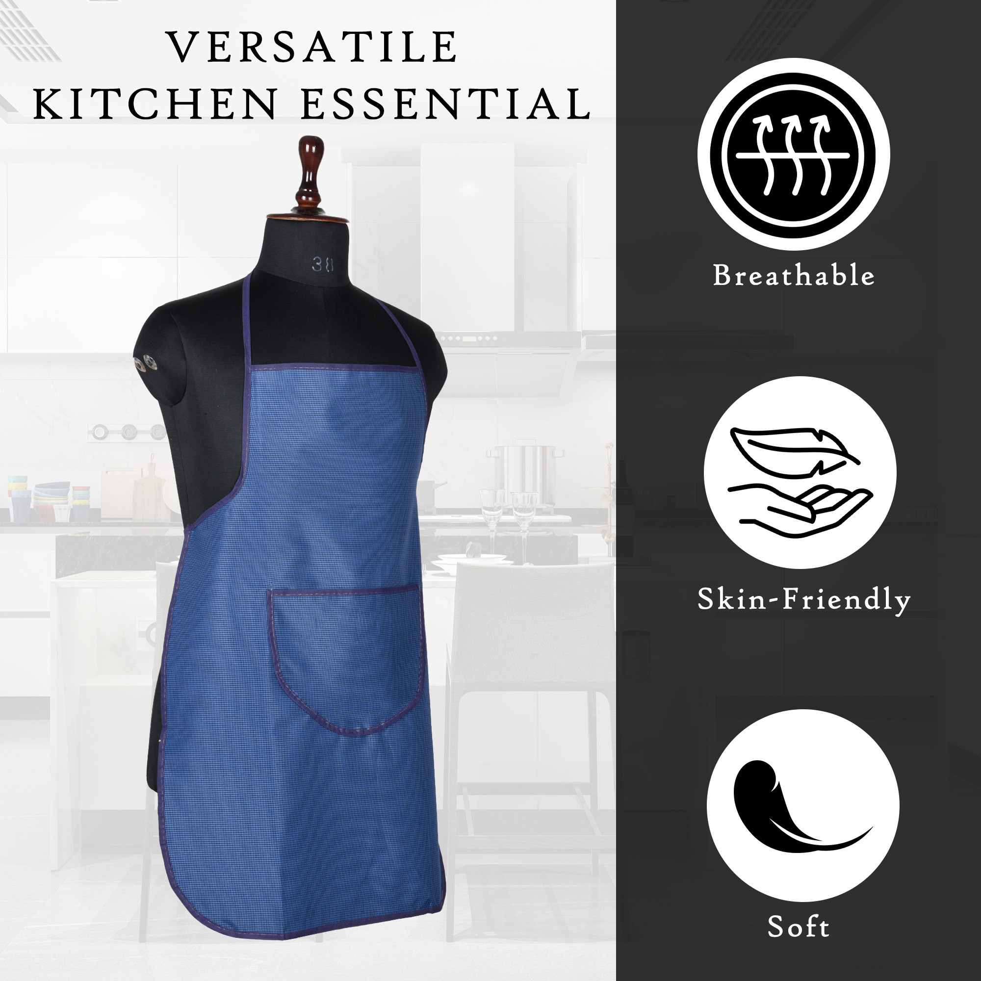 Kuber Industries Apron  Waterproof Kitchen Cloth  Kitchen Apron for Women  Kitchen Apron for Cooking  Center Pocket Apron with Ties  Cooking Dress for Men  Mini Check  Blue