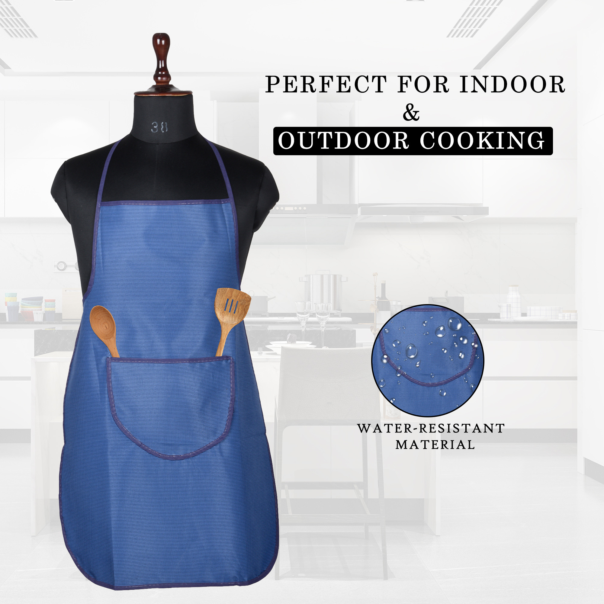 Kuber Industries Apron  Waterproof Kitchen Cloth  Kitchen Apron for Women  Kitchen Apron for Cooking  Center Pocket Apron with Ties  Cooking Dress for Men  Mini Check  Blue