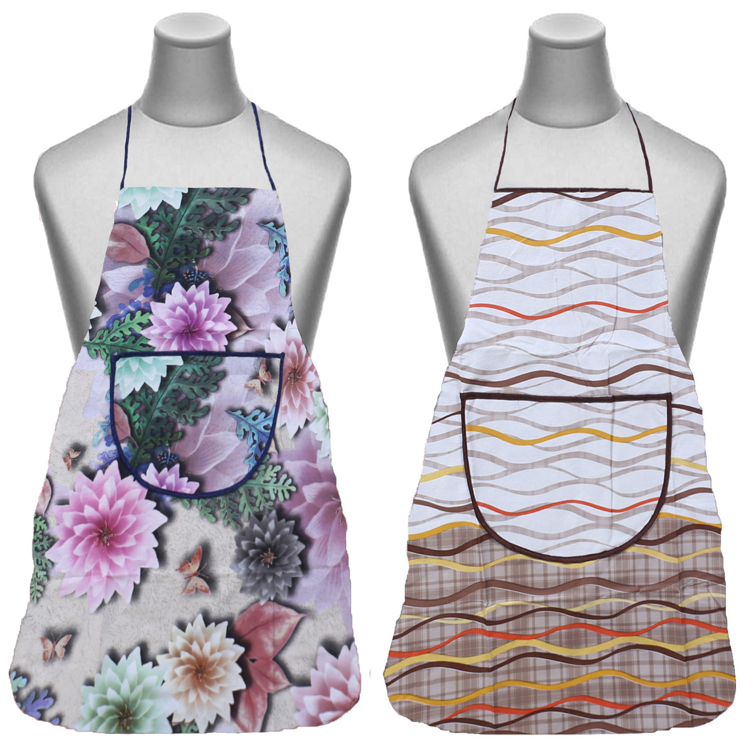 Kuber Industries Apron|PVC Unique Floral & Strips Print Kitchen Chef Cloth|Waterproof Centre Pocket Apron With Tying Cord for Men & Women,Pack of 2 (Multicolor)