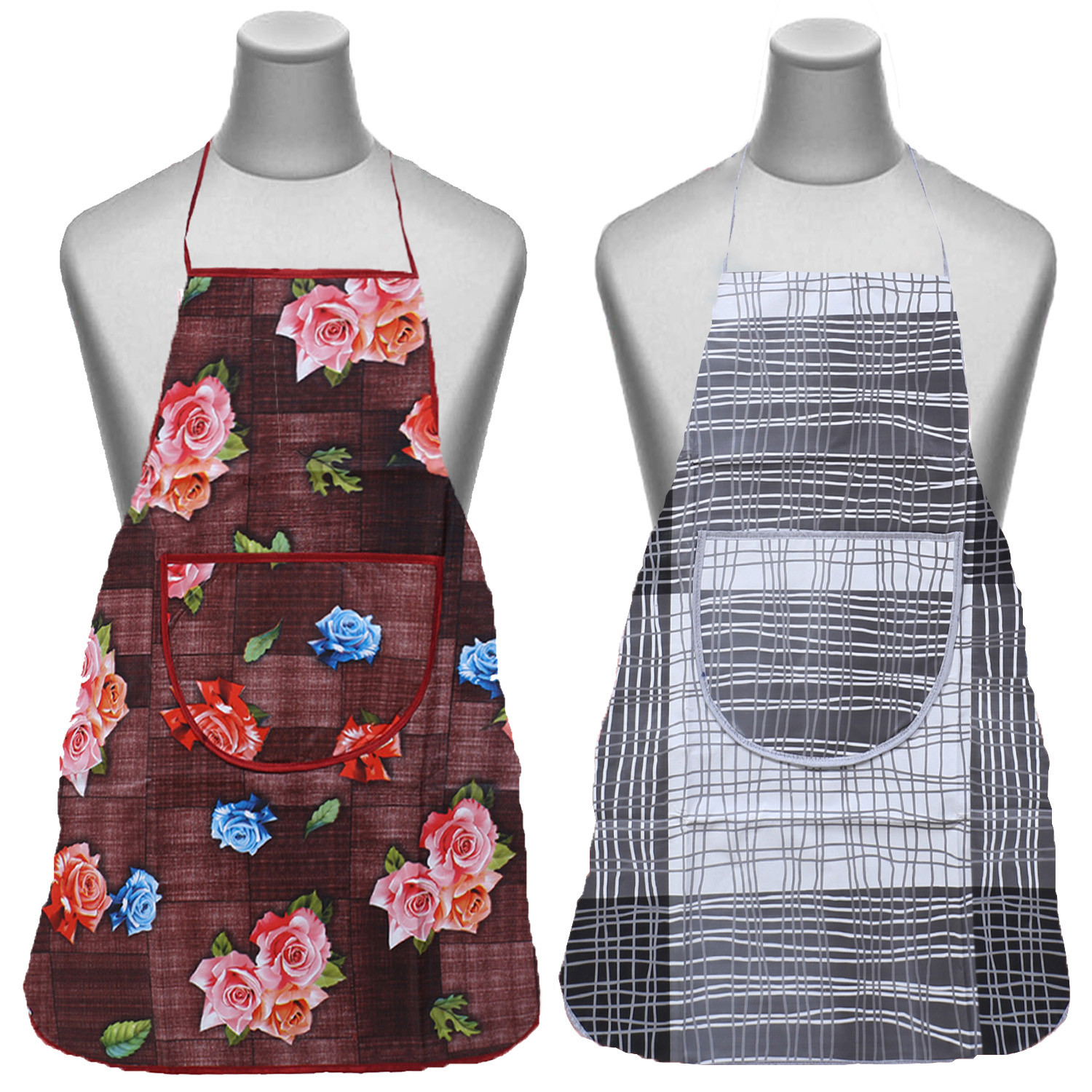 Kuber Industries Apron|PVC Unique Rose & Check Print Kitchen Chef Cloth|Waterproof Centre Pocket Apron With Tying Cord for Men & Women,Pack of 2 (Maroon & Gray)