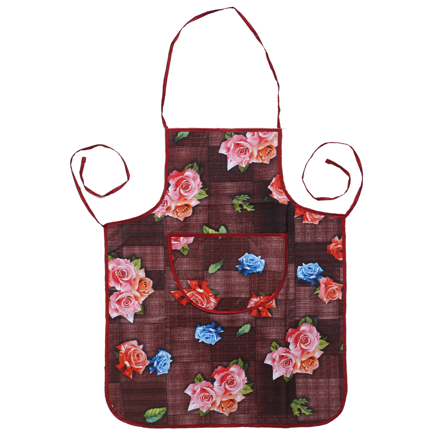 Kuber Industries Apron|PVC Unique Rose & Check Print Kitchen Chef Cloth|Waterproof Centre Pocket Apron With Tying Cord for Men & Women,Pack of 2 (Maroon & Gray)